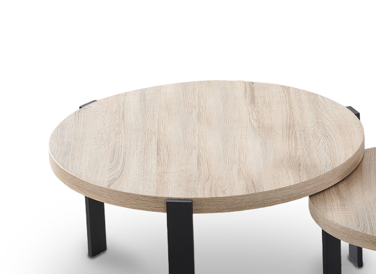 Lot de 2 tables basses rondes gigognes en bois et pieds métal noir TIYA - DécoInParis