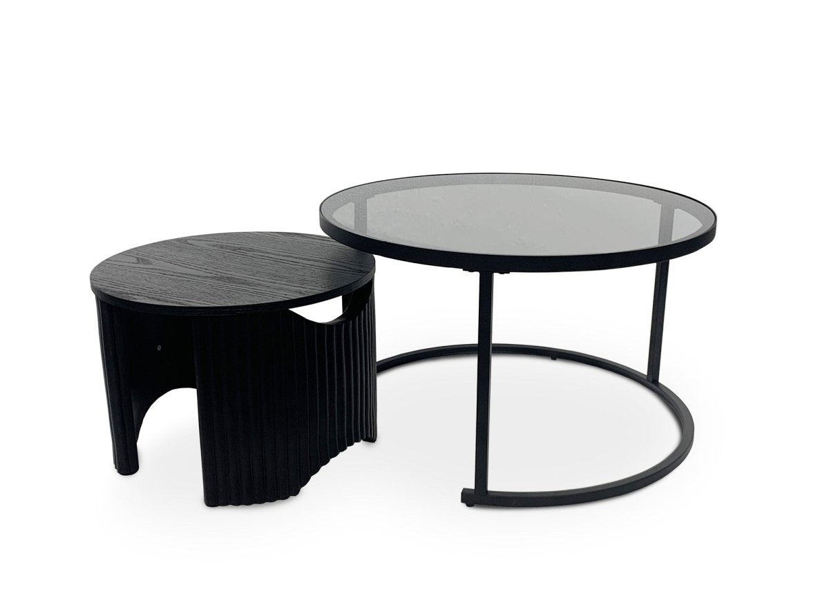 Lot de 2 tables basses rondes gigognes en verre et bois noir TAYRON - DécoInParis