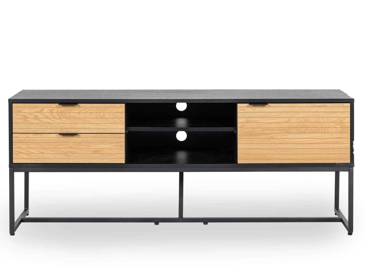Meuble TV 2 tiroirs 1 porte en bois clair et métal noir TISSIA - DécoInParis