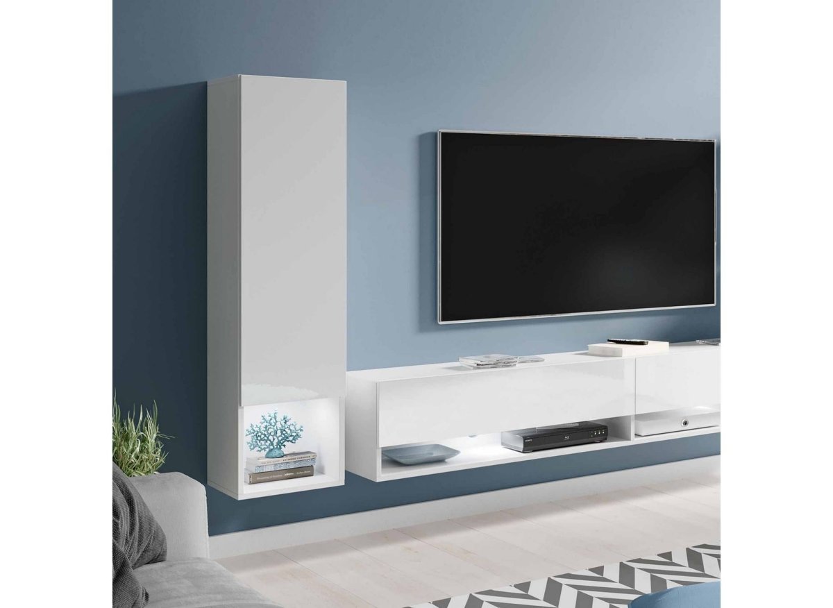 Meuble TV contemporain blanc laqué avec LED - AMANDA - DécoInParis