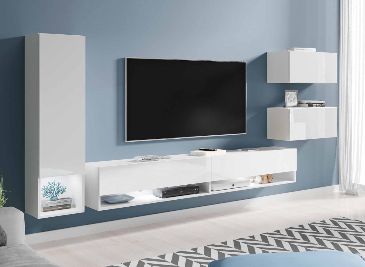 Meuble TV contemporain blanc laqué avec LED - AMANDA - DécoInParis