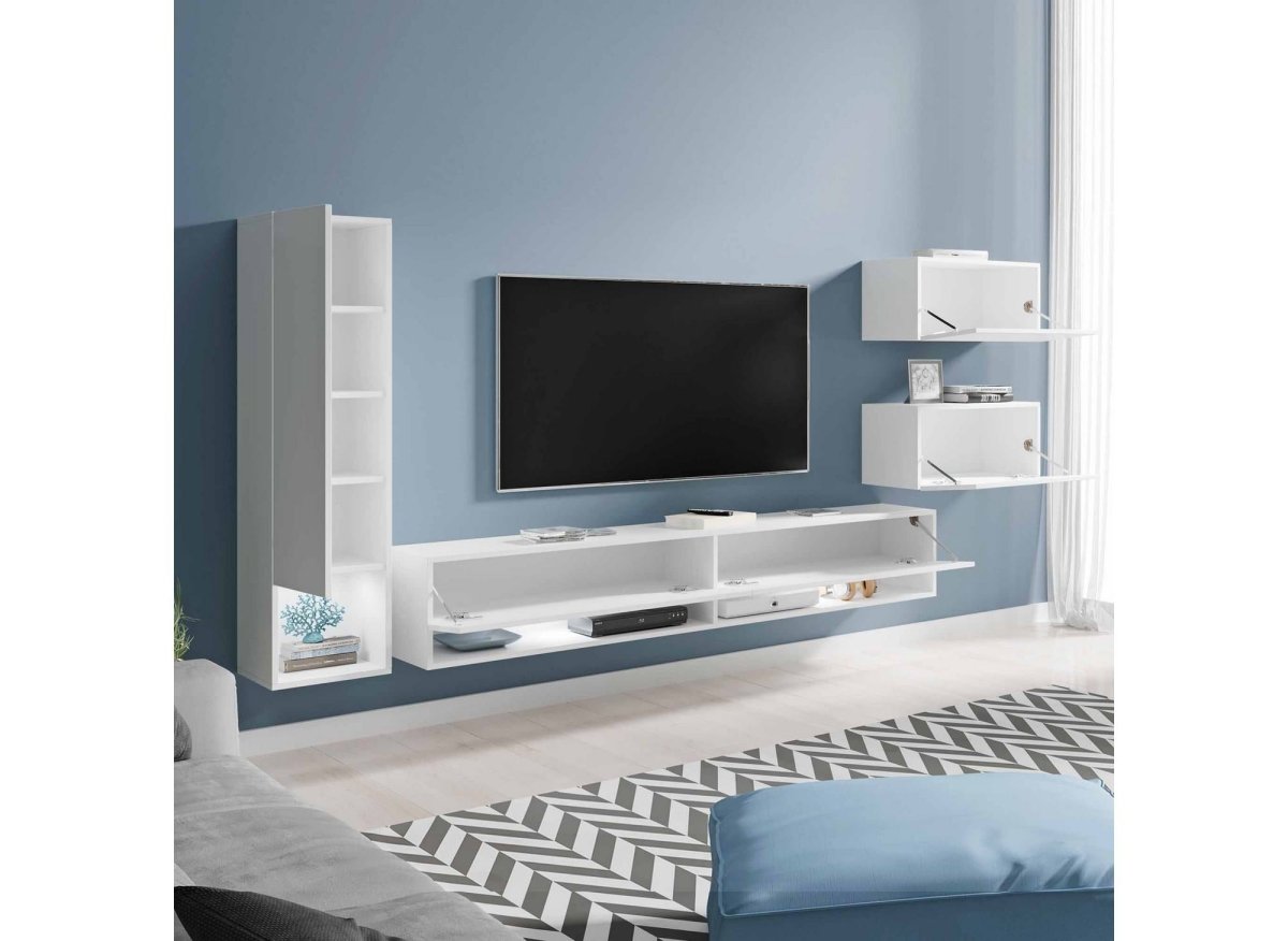 Meuble TV contemporain blanc laqué avec LED - AMANDA - DécoInParis