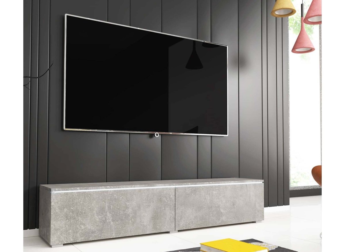 Meuble TV contemporain gris béton avec LED 2 portes MALORIE - 140 cm - DécoInParis