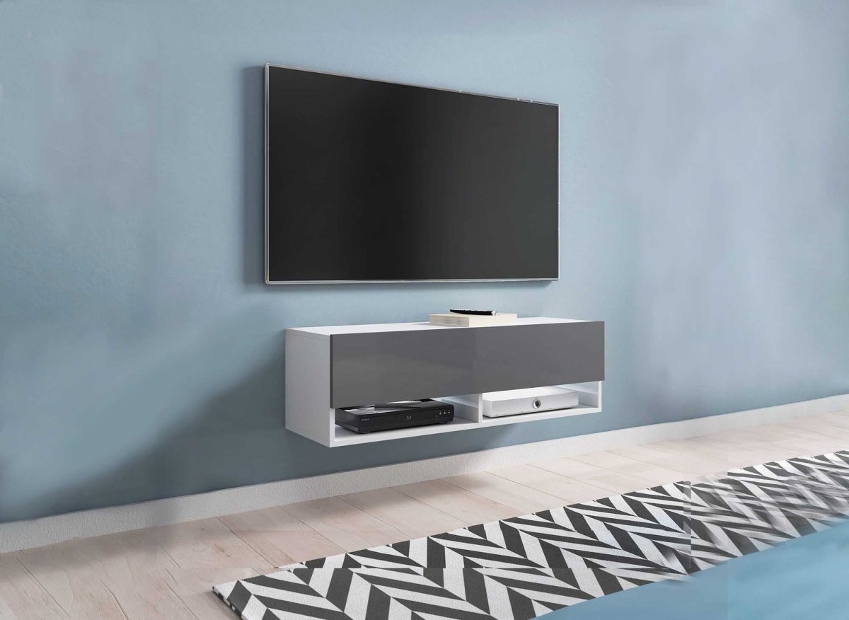 Meuble TV suspendu 1 porte 2 niches blanc et gris ROMANE - 100 cm - DécoInParis