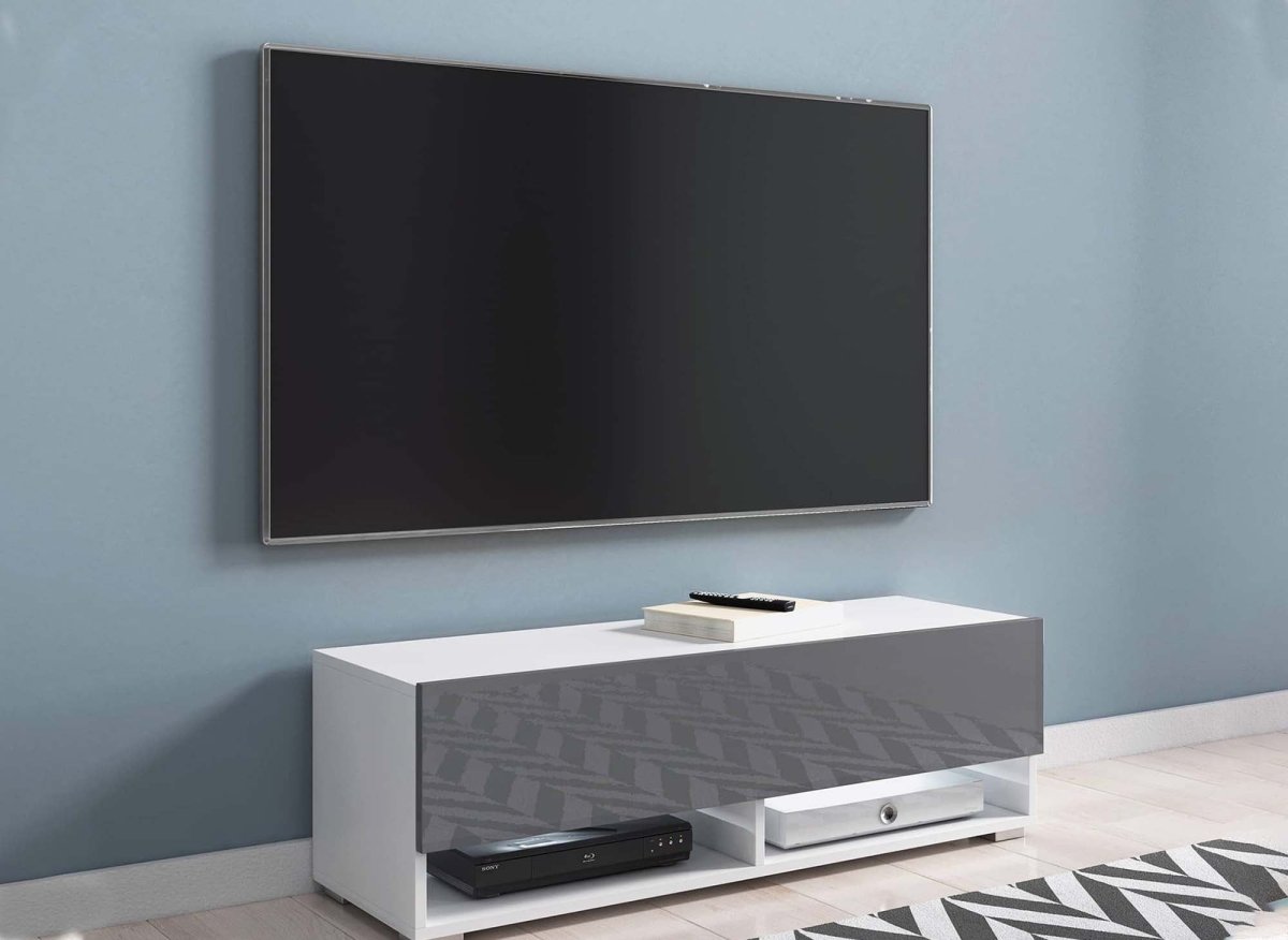 Meuble TV suspendu 1 porte 2 niches blanc et gris ROMANE - 100 cm - DécoInParis