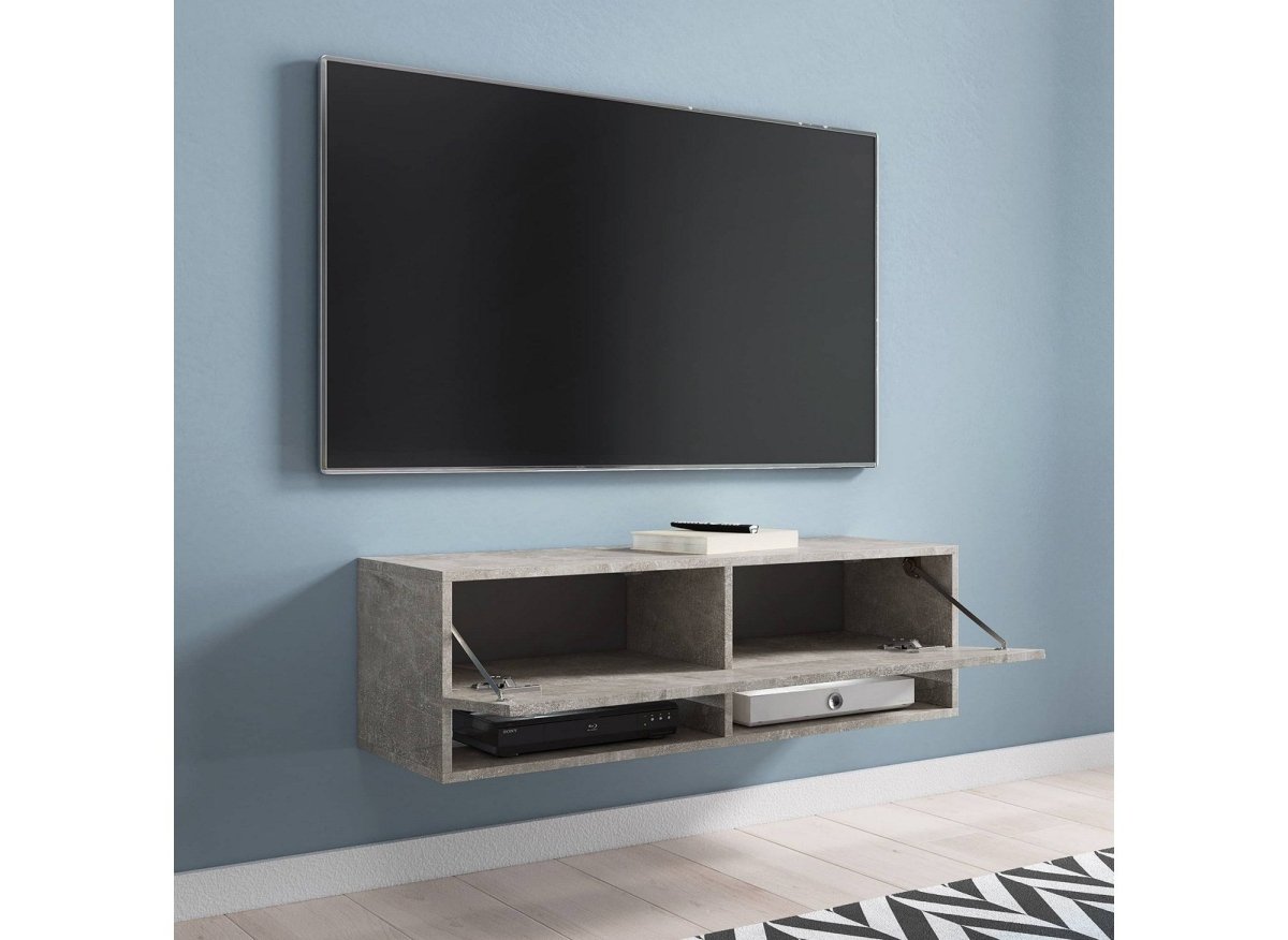 Meuble TV suspendu 1 porte 2 niches gris béton ROMANE - 100 cm - DécoInParis