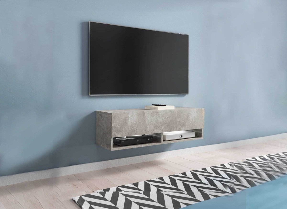 Meuble TV suspendu 1 porte 2 niches gris béton ROMANE - 100 cm - DécoInParis