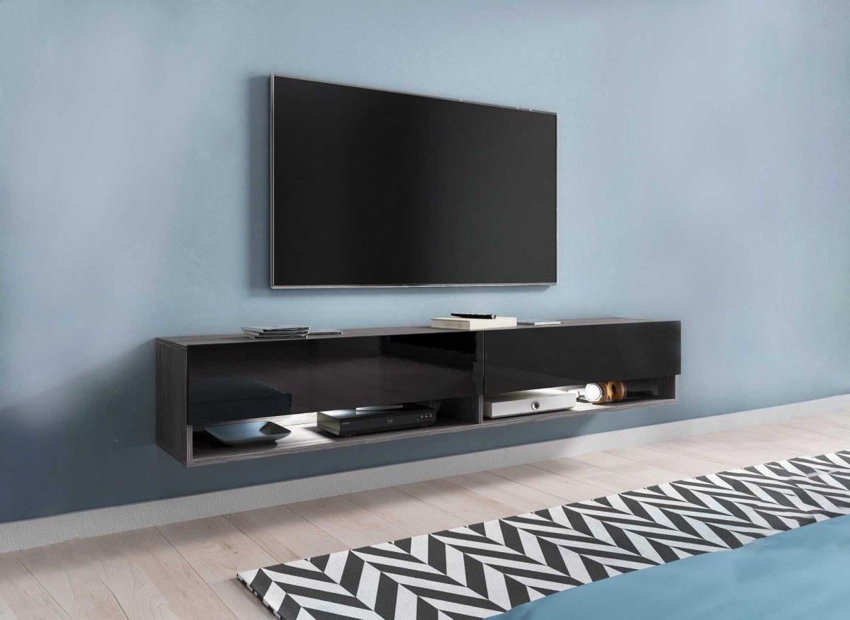 Meuble TV suspendu 2 portes 2 niches gris foncé et noir ROMANE XXL - 180 cm - DécoInParis