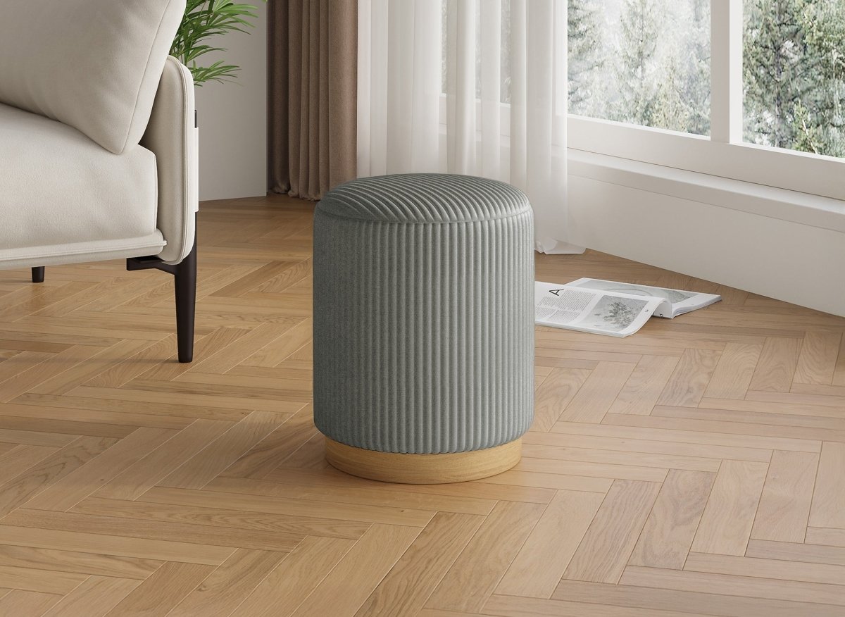 Pouf design en velours côtelé gris et bois ROY - DécoInParis