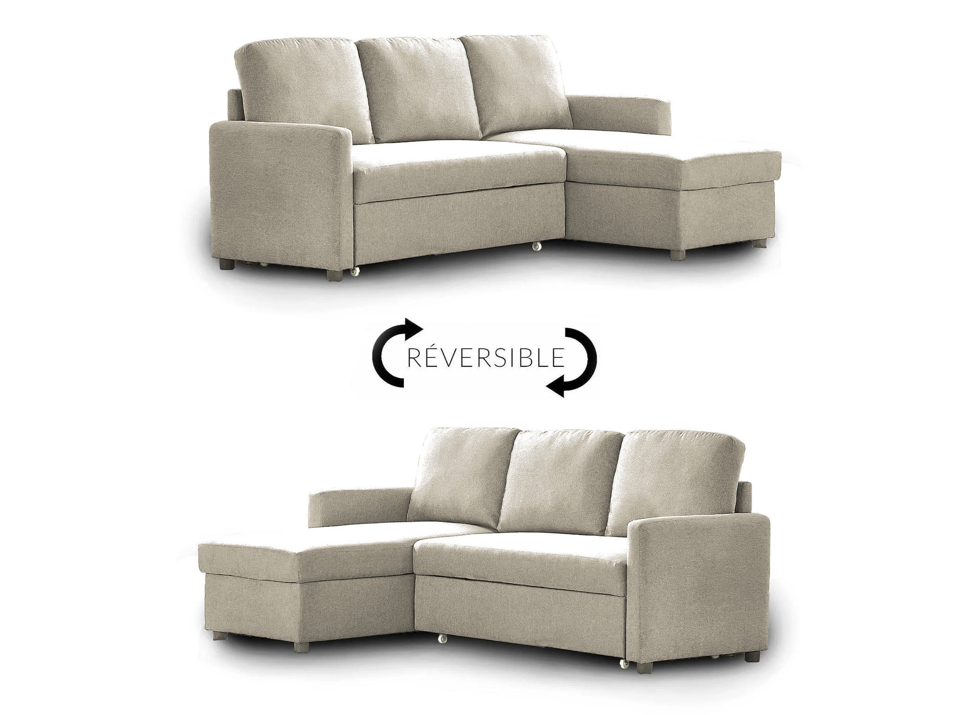 Sofá cama esquinero reversible ADAM con compartimento de almacenamiento en tela beige