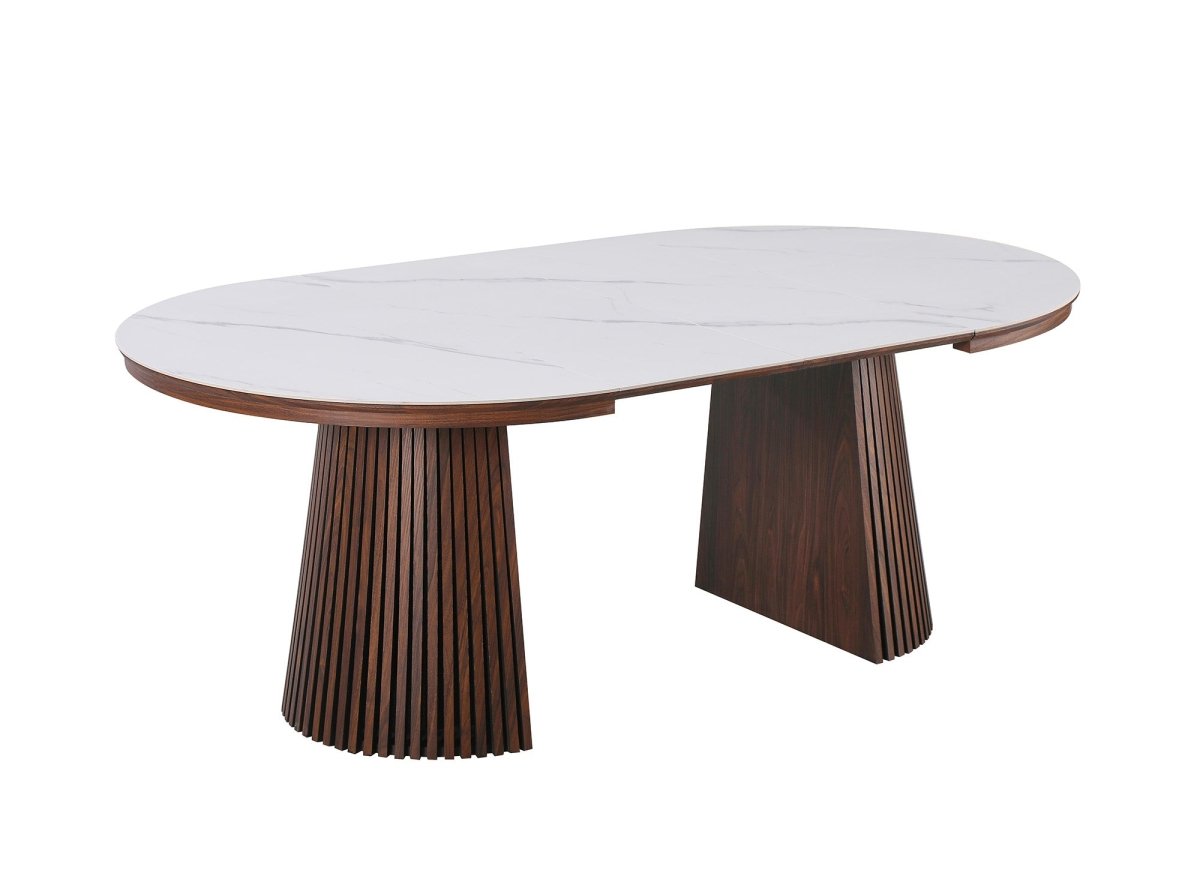Table à manger ronde extensible en bois foncé avec plateau en céramique blanc HEKA - DécoInParis