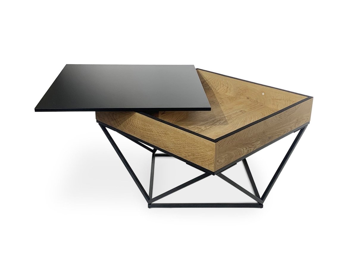 Table basse en bois avec plateau pivotant en verre trempé noir et pieds métal ZELIE - DécoInParis