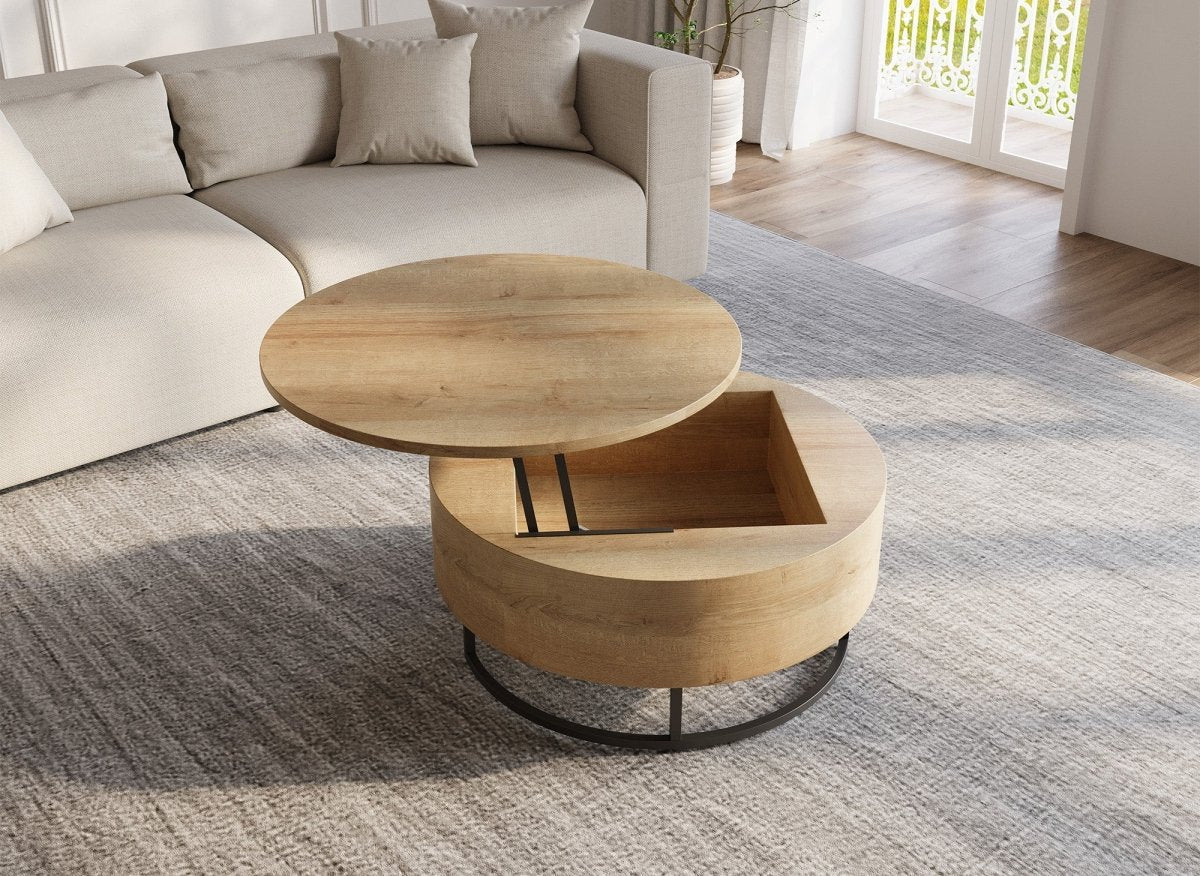 Table basse en bois avec plateau relevable et rangement pieds en métal noir BILLIE - DécoInParis