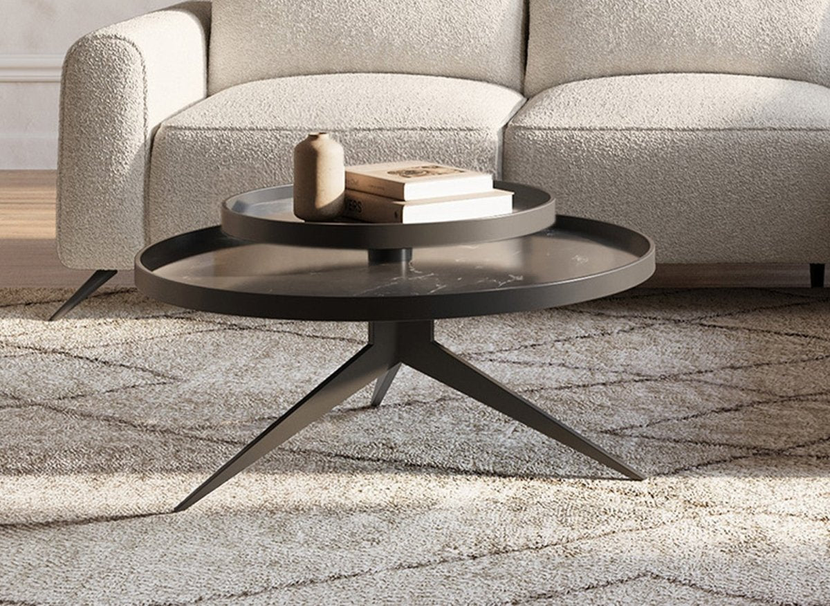 Table basse ronde 2 plateaux pivotants en céramique et métal noir MIRANY - DécoInParis