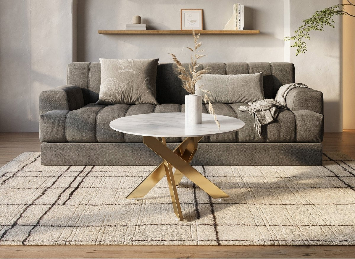 Table basse ronde design verre marbré et pieds dorés MELISSA - DécoInParis