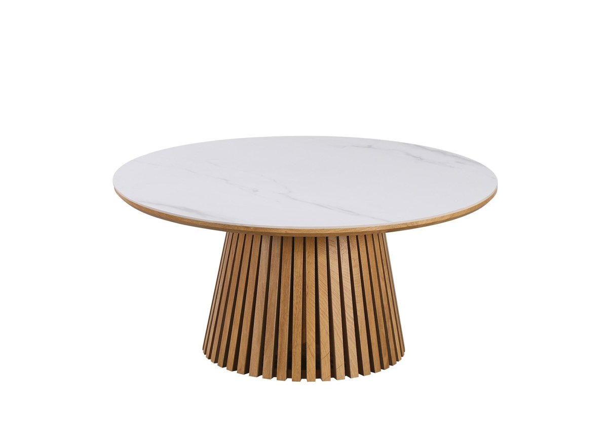 Table basse ronde en bois clair plateau en céramique blanc HEKA - DécoInParis