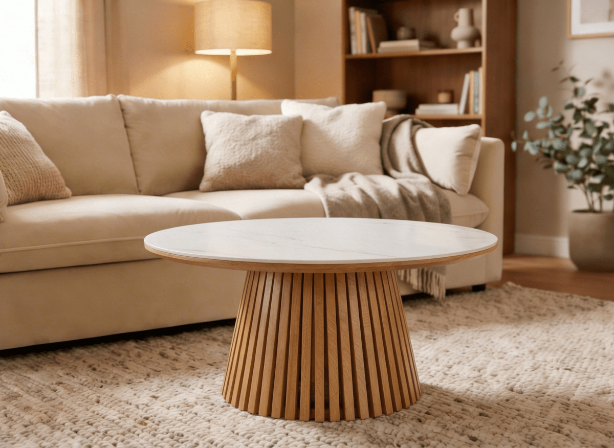 Table basse ronde en bois clair plateau en céramique blanc HEKA - DécoInParis