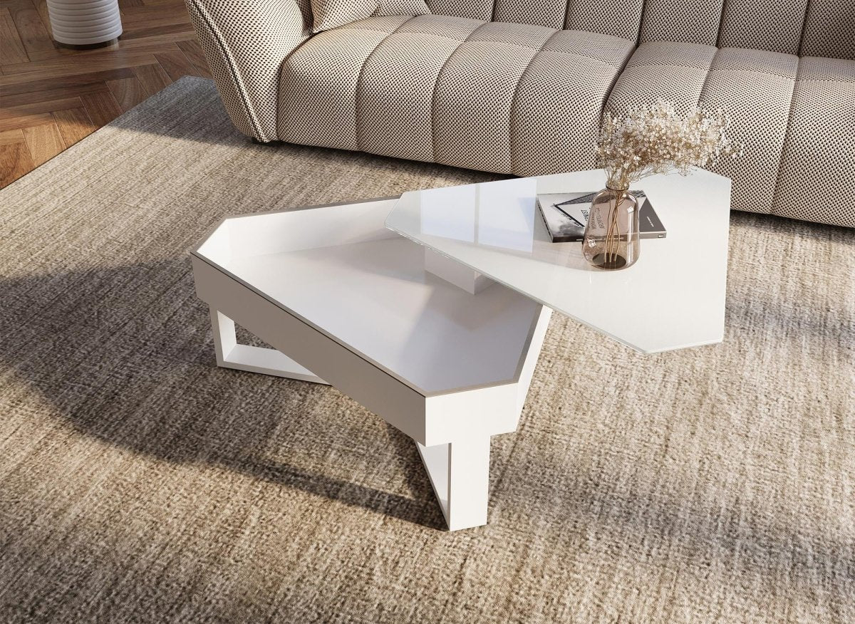Table basse triangulaire blanche avec plateau pivotant et rangement SOLINE - DécoInParis