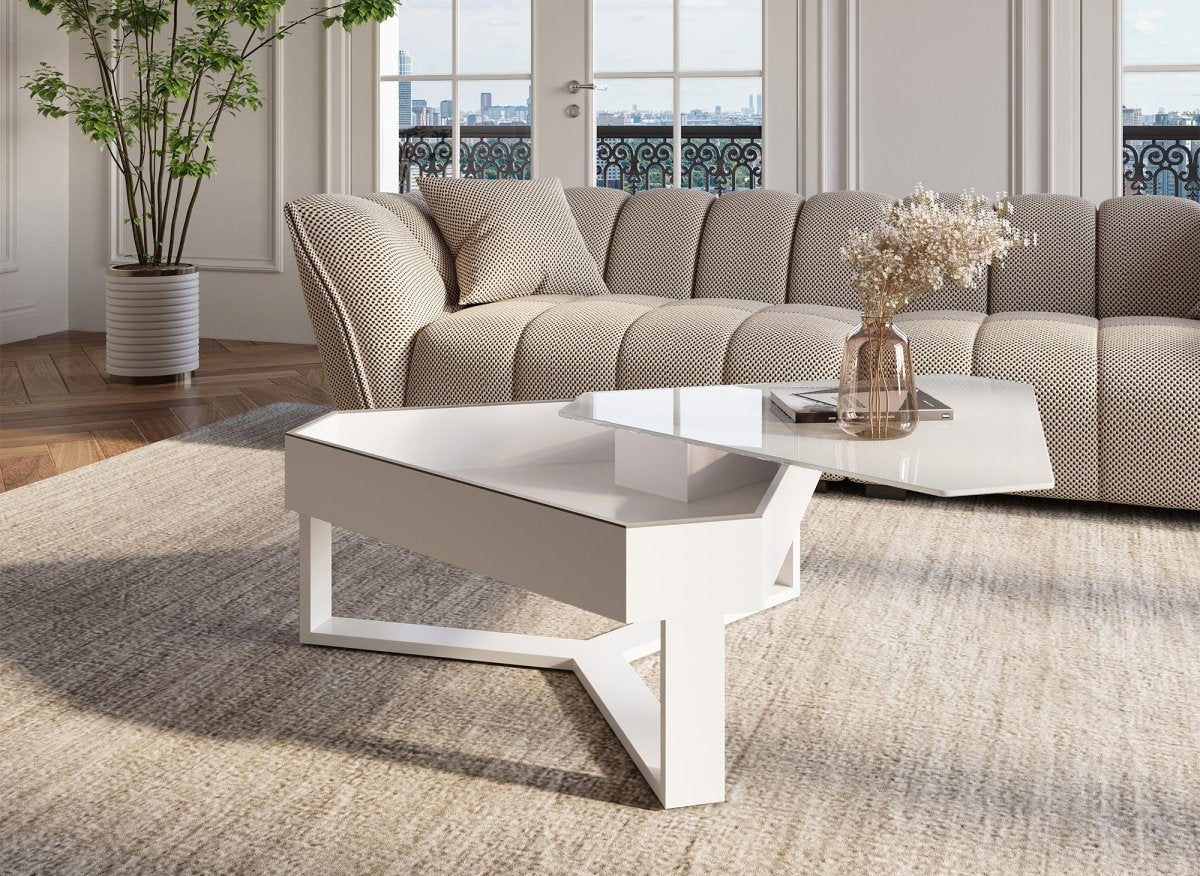 Table basse triangulaire blanche avec plateau pivotant et rangement SOLINE - DécoInParis