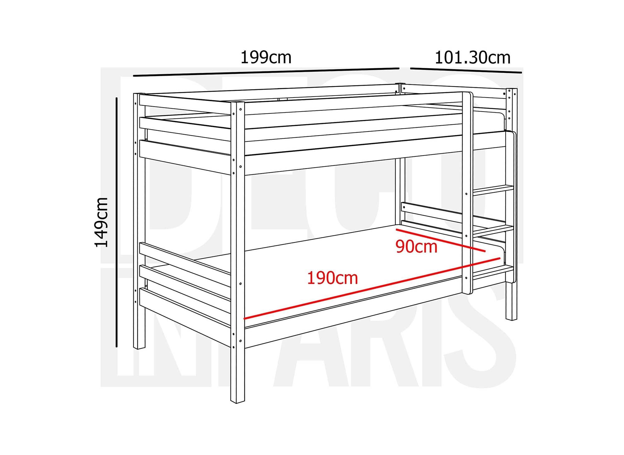 Litera nido LEOPAUL de madera blanca de 90 x 190 cm con almacenaje extraíble para 3 personas