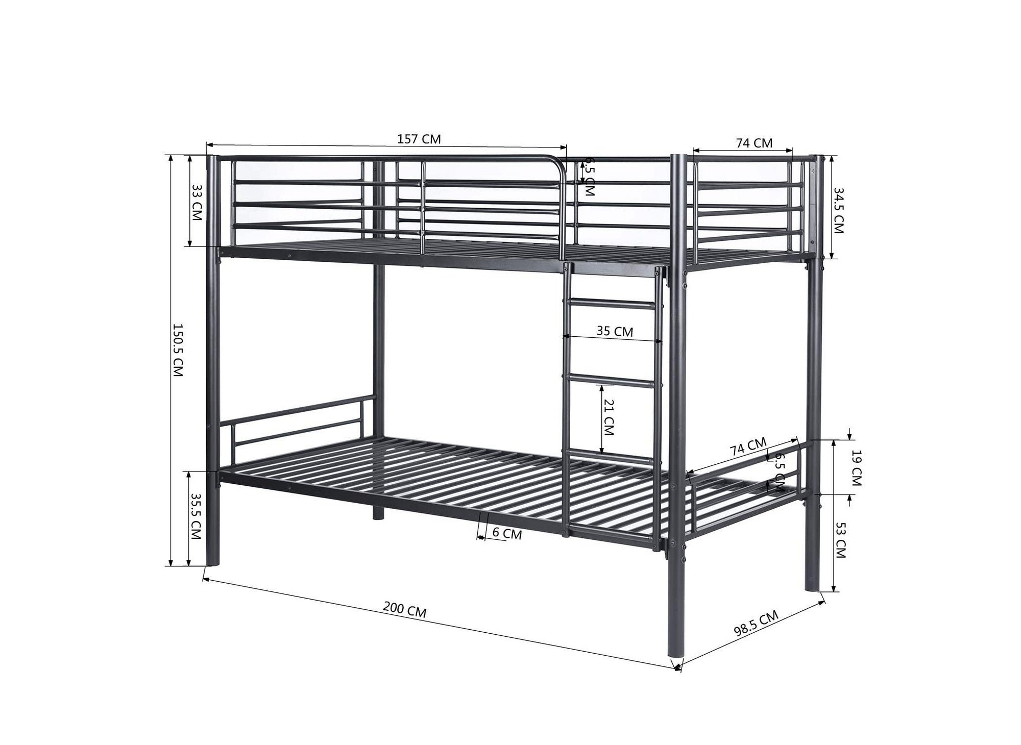 Litera de metal negro 90 x 190 cm para dos camas individuales + somier de láminas