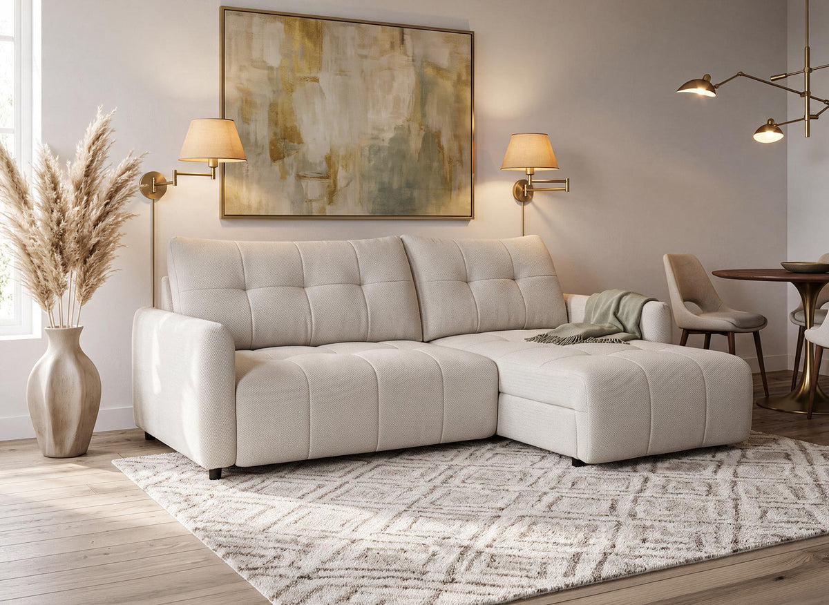 Sofá esquinero relax reversible con cómoda en tejido texturado beige KALINKA