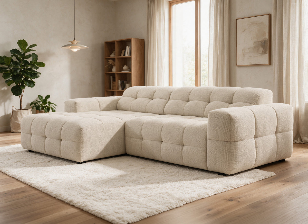 Sofá esquinero relax de terciopelo texturizado beige FEDORA - Esquina izquierda