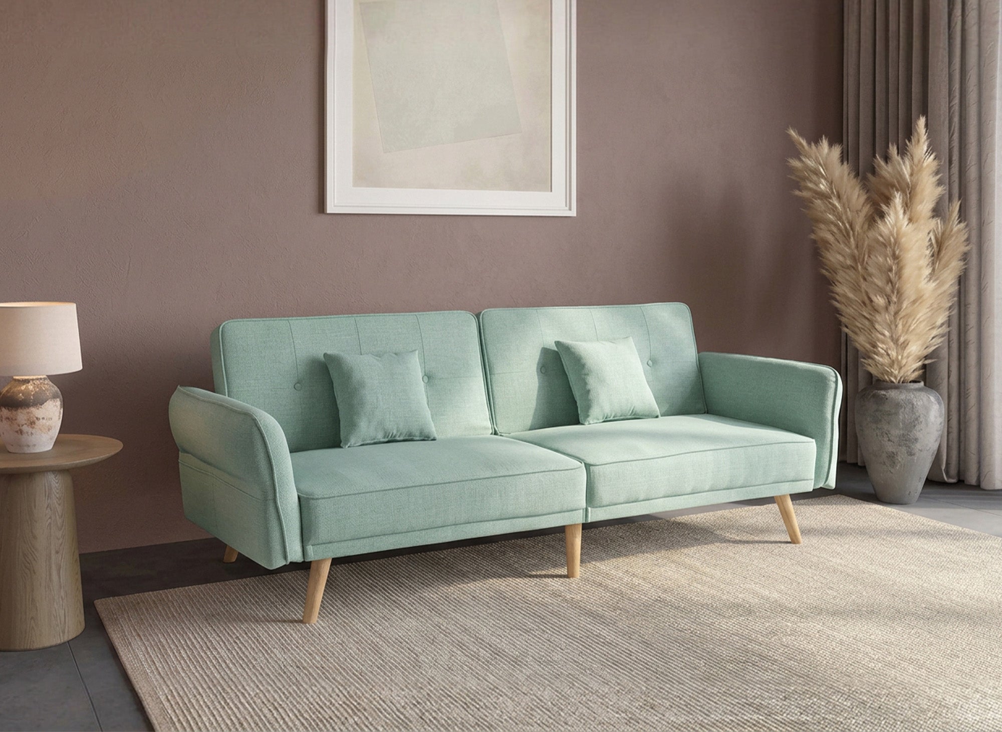 Sofá CHILI de 3 plazas con mecanismo clic-clac en tela verde agua