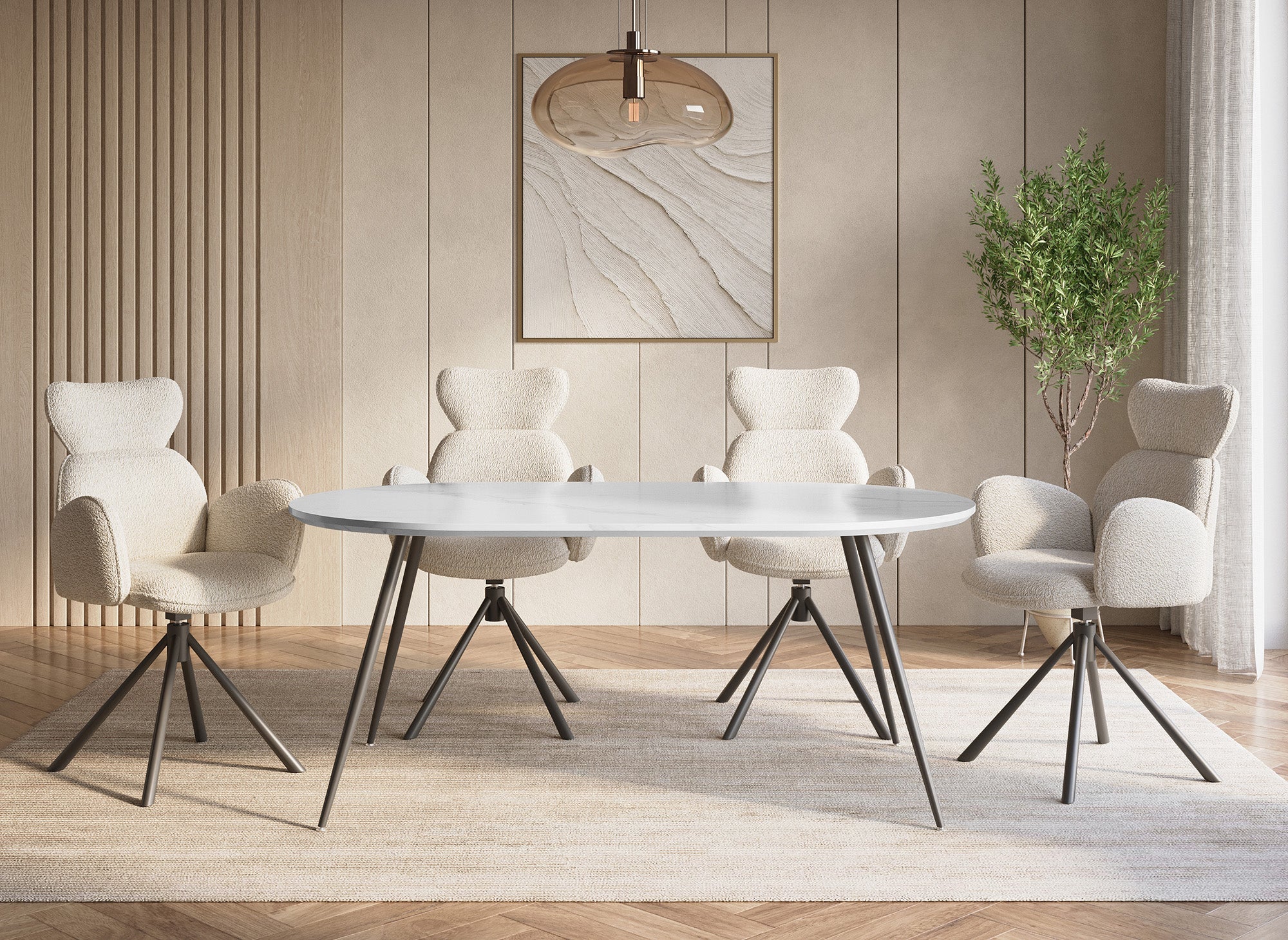 Mesa de comedor ovalada DIWAN con efecto mármol blanco