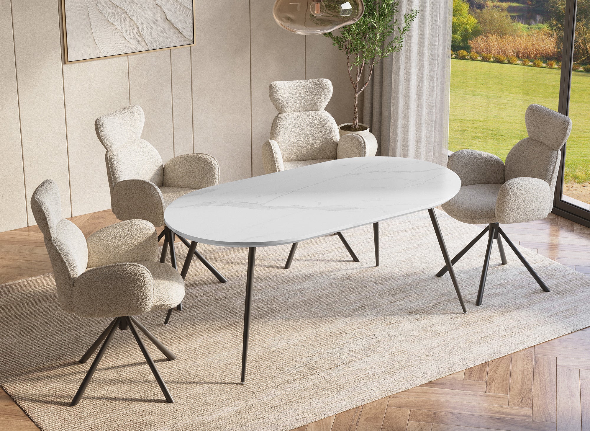 Mesa de comedor ovalada DIWAN con efecto mármol blanco