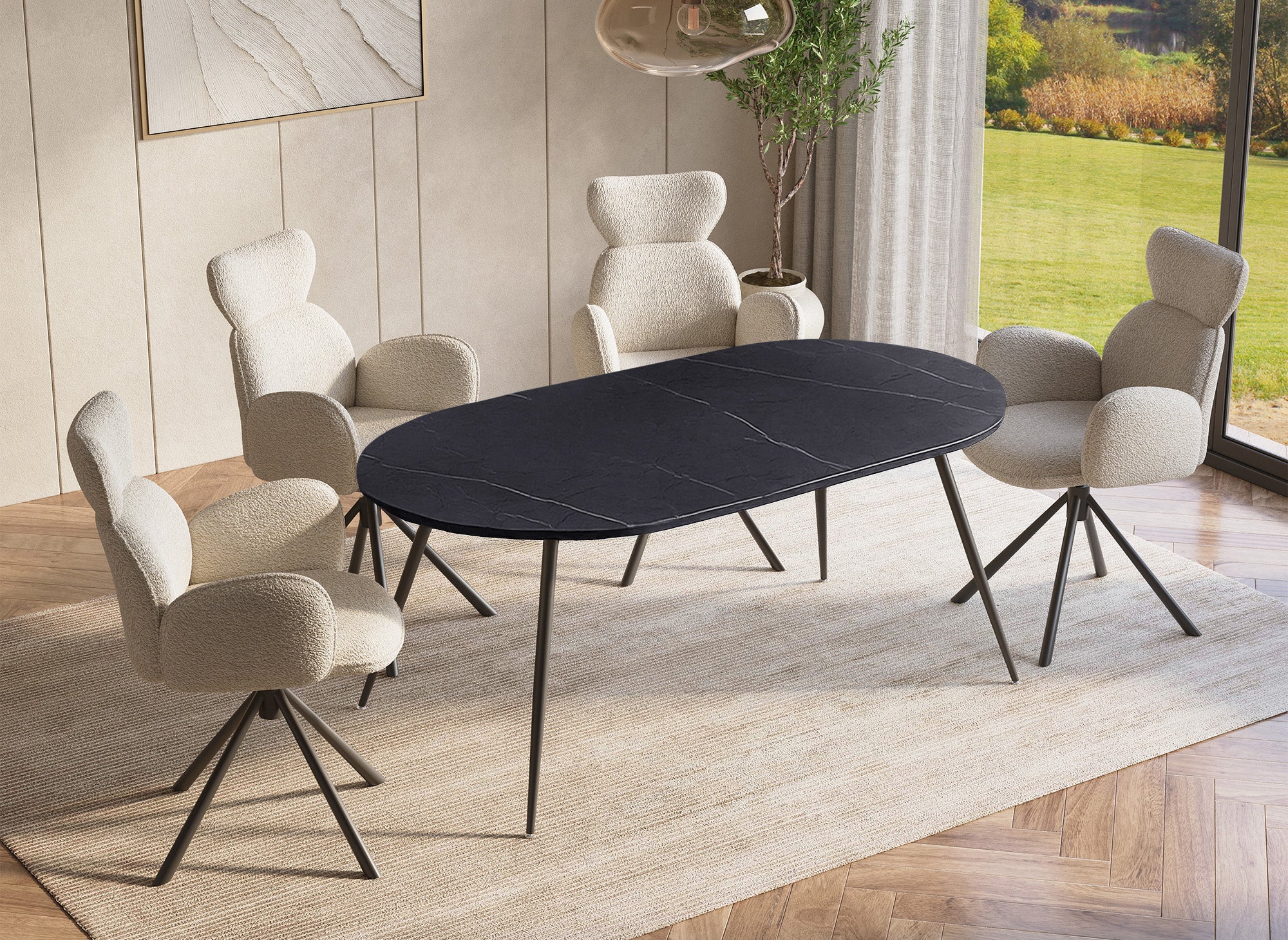 Mesa de comedor ovalada DIWAN con efecto mármol gris