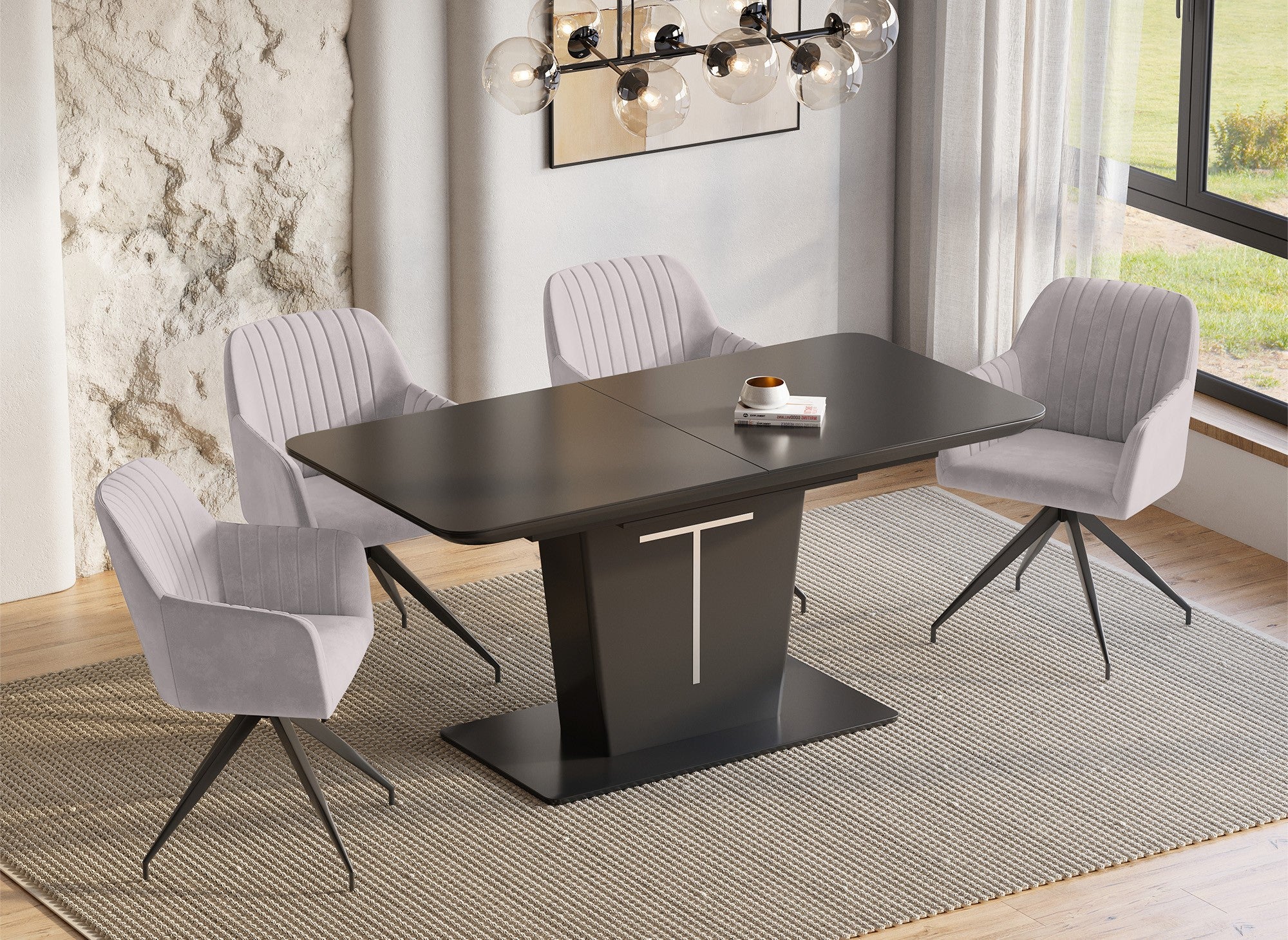 Mesa de comedor extensible rectangular SULIA, diseño negro