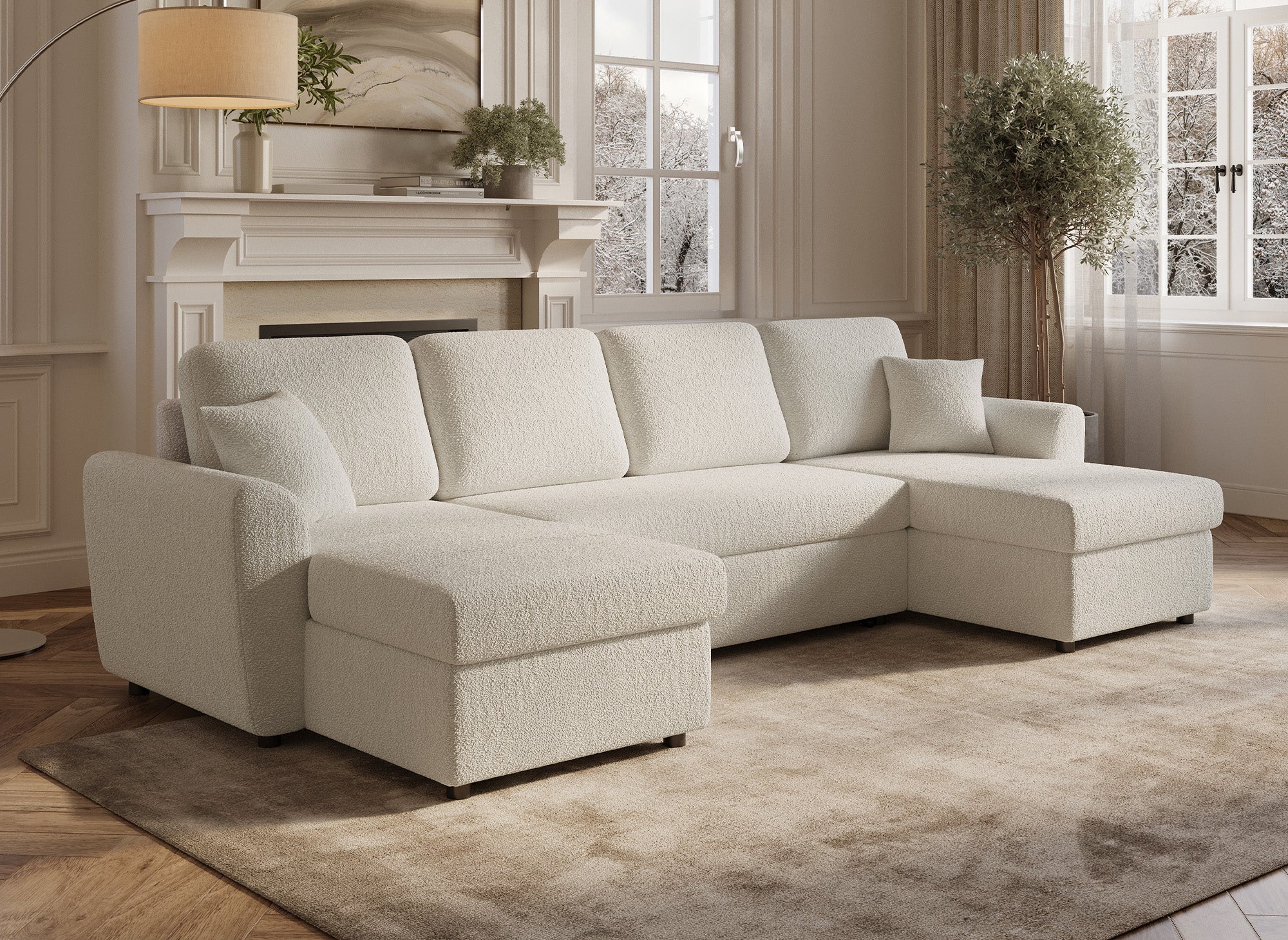 Sofá cama panorámico convertible ADRYEN con 2 compartimentos de almacenamiento en tejido bouclé beige