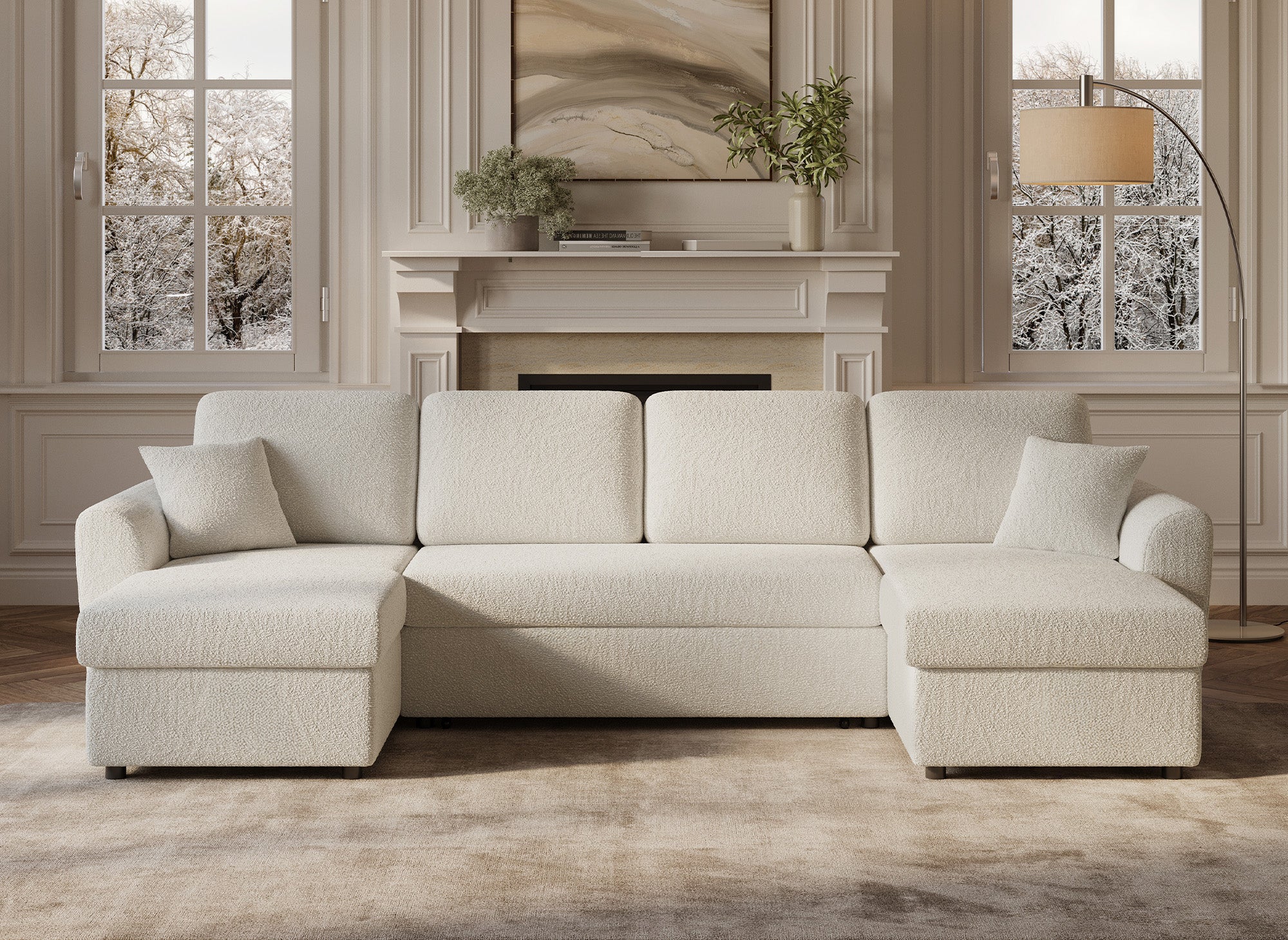 Sofá cama panorámico convertible ADRYEN con 2 compartimentos de almacenamiento en tejido bouclé beige