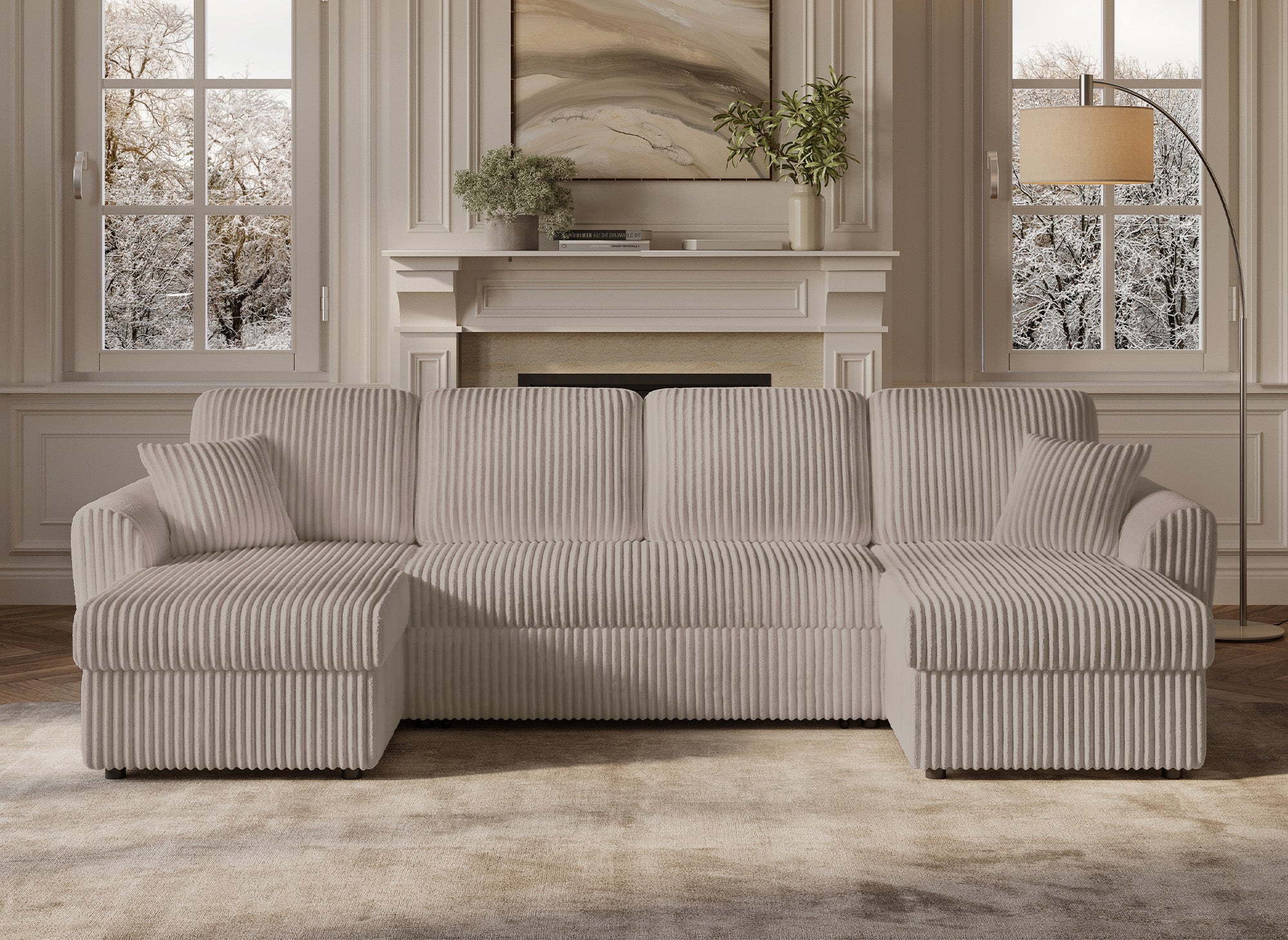 Sofá convertible panorámico ADRYEN con almacenaje en pana gruesa color topo