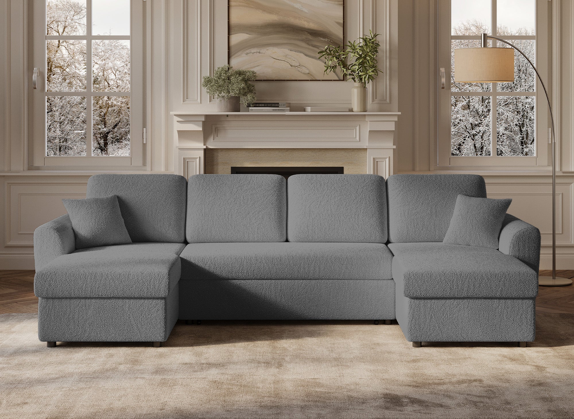 Sofá cama panorámico ADRYEN con 2 compartimentos de almacenamiento en tela bouclé gris