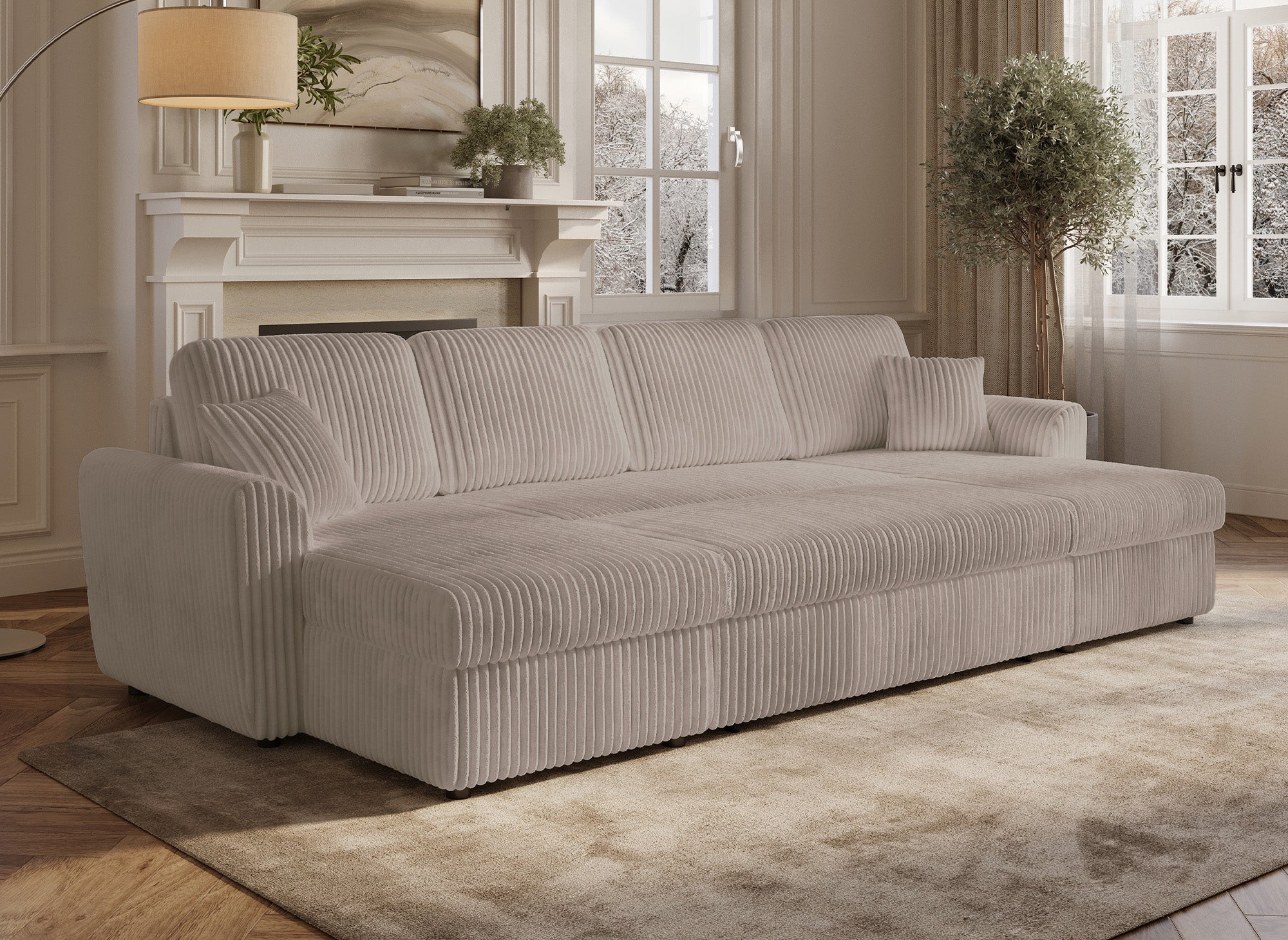 Sofá convertible panorámico ADRYEN con almacenaje en pana gruesa color topo