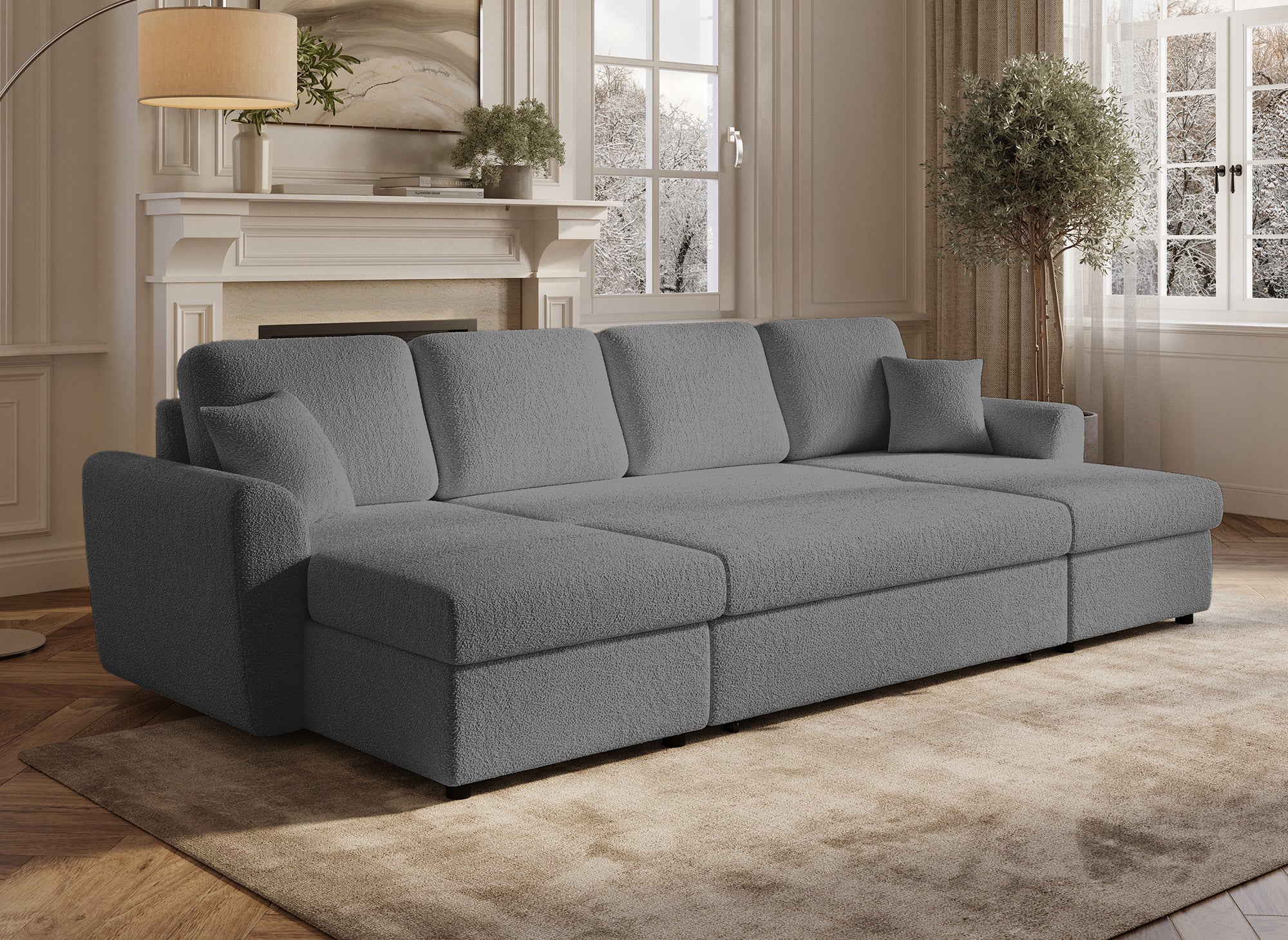 Sofá cama panorámico ADRYEN con 2 compartimentos de almacenamiento en tela bouclé gris