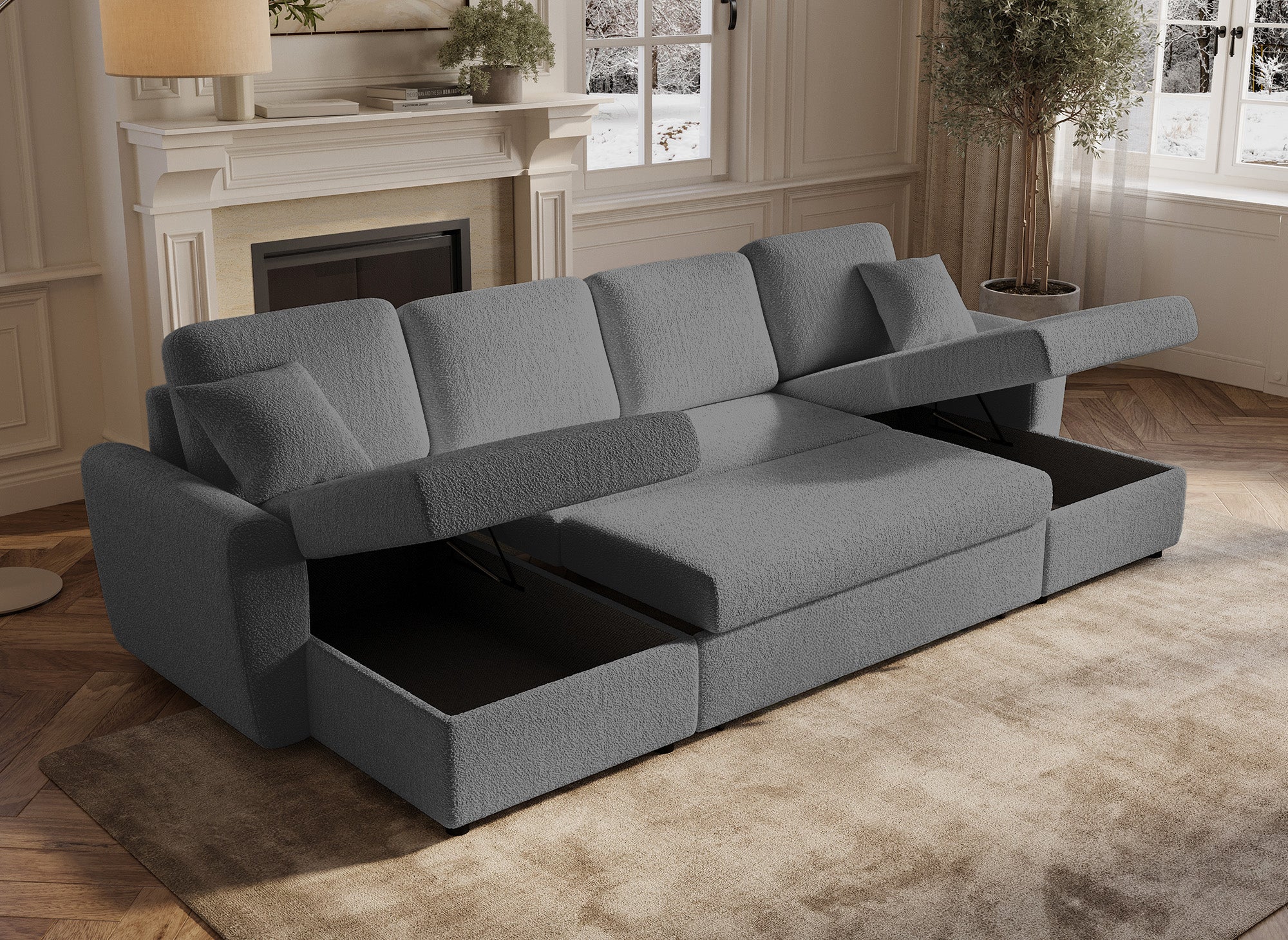 Sofá cama panorámico ADRYEN con 2 compartimentos de almacenamiento en tela bouclé gris