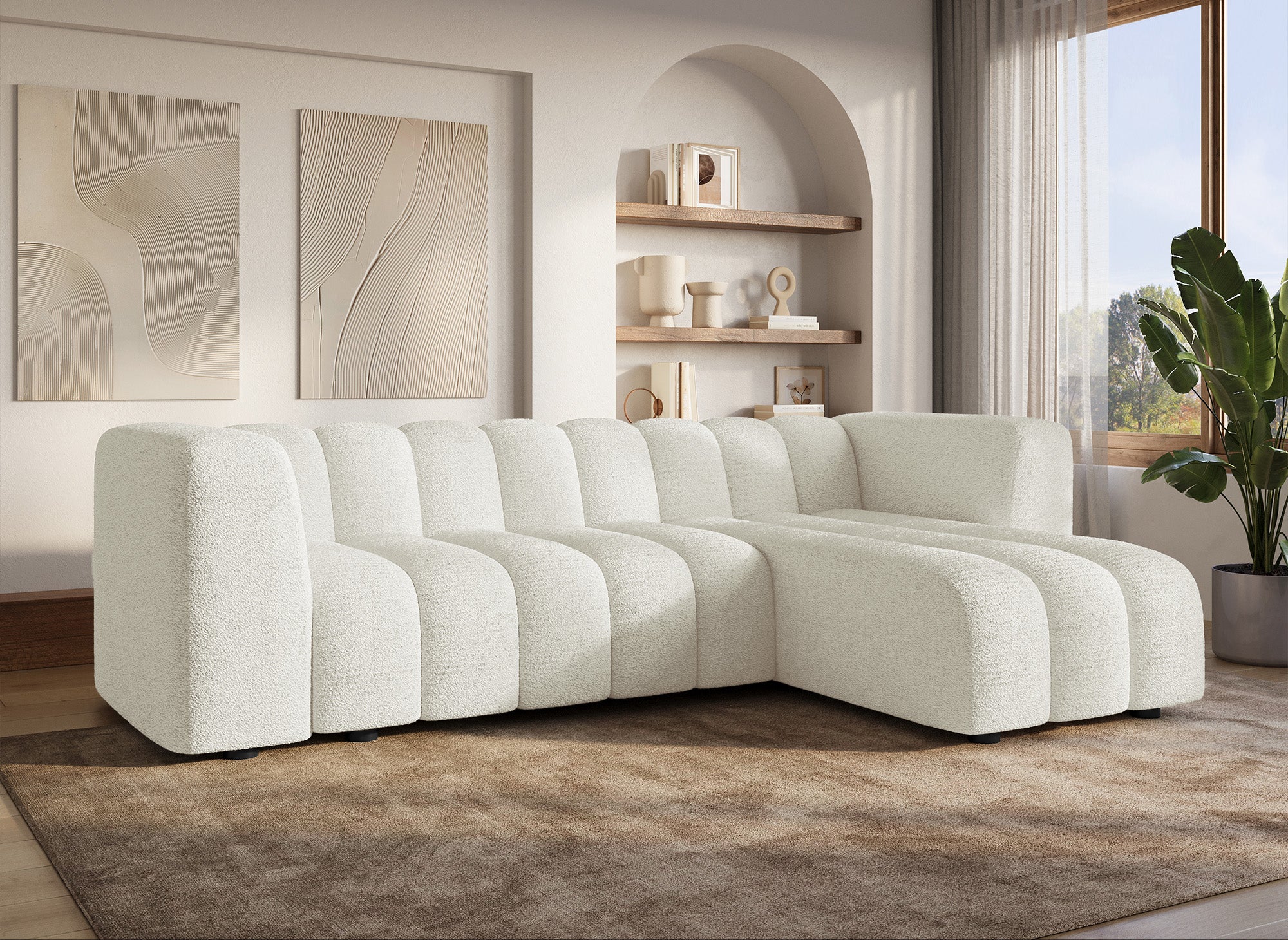 Sofá esquinero reversible AELIS en tejido bouclé crudo