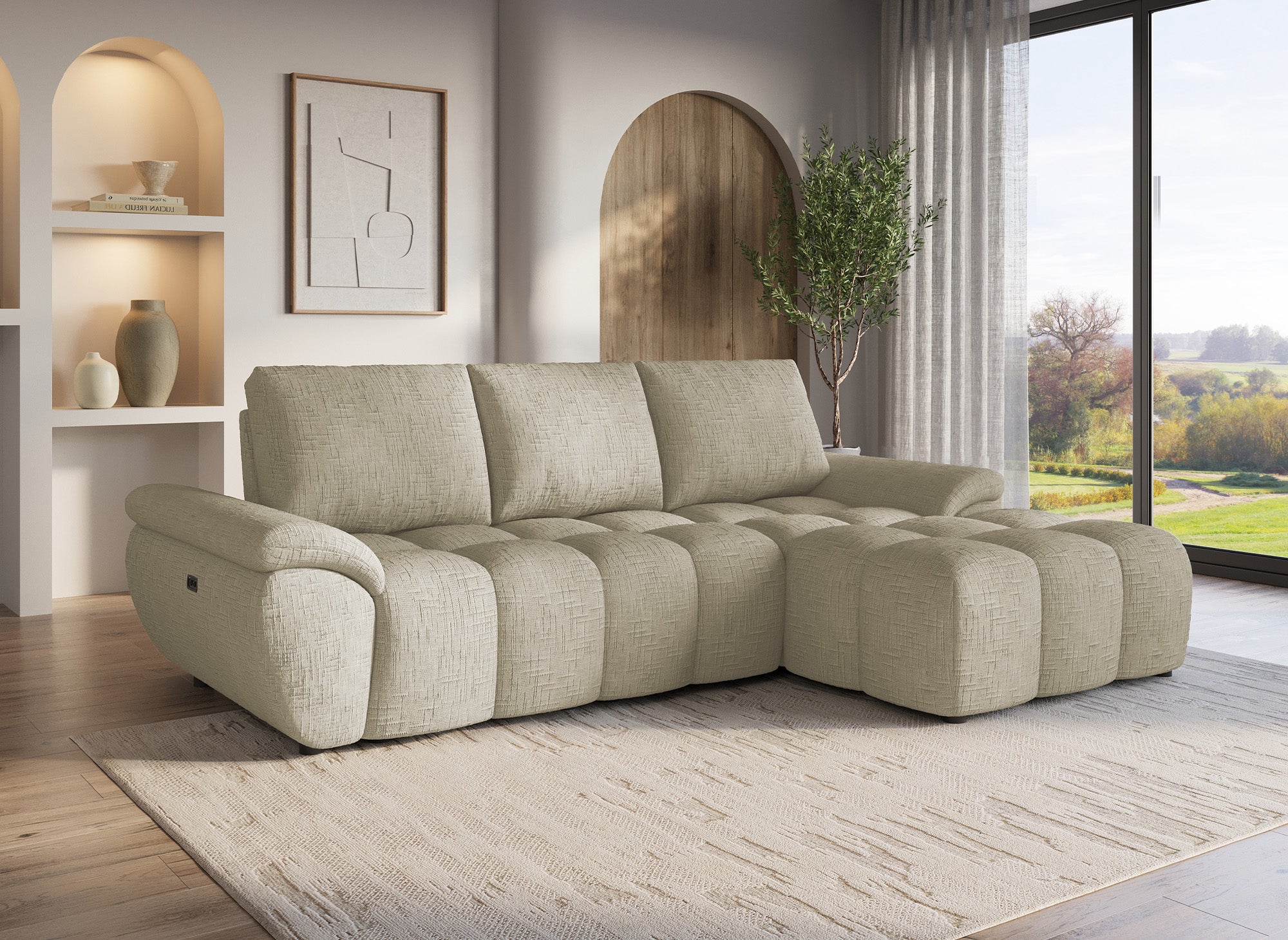 Sofá esquinero reclinable eléctrico ALPES en terciopelo jaspeado color topo - Esquina derecha