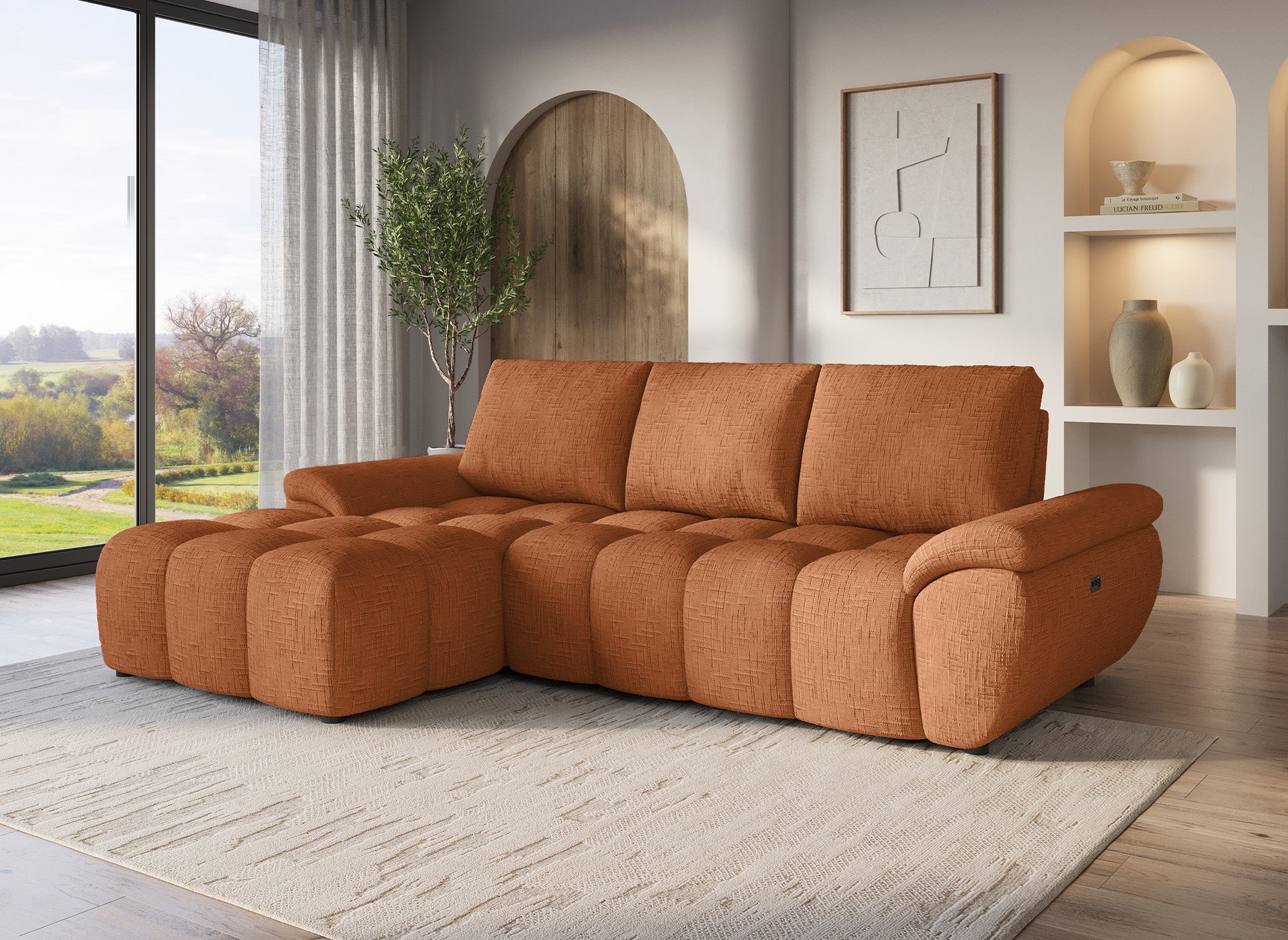 Sofá esquinero reclinable eléctrico ALPES en terciopelo terracota jaspeado - Esquina izquierda