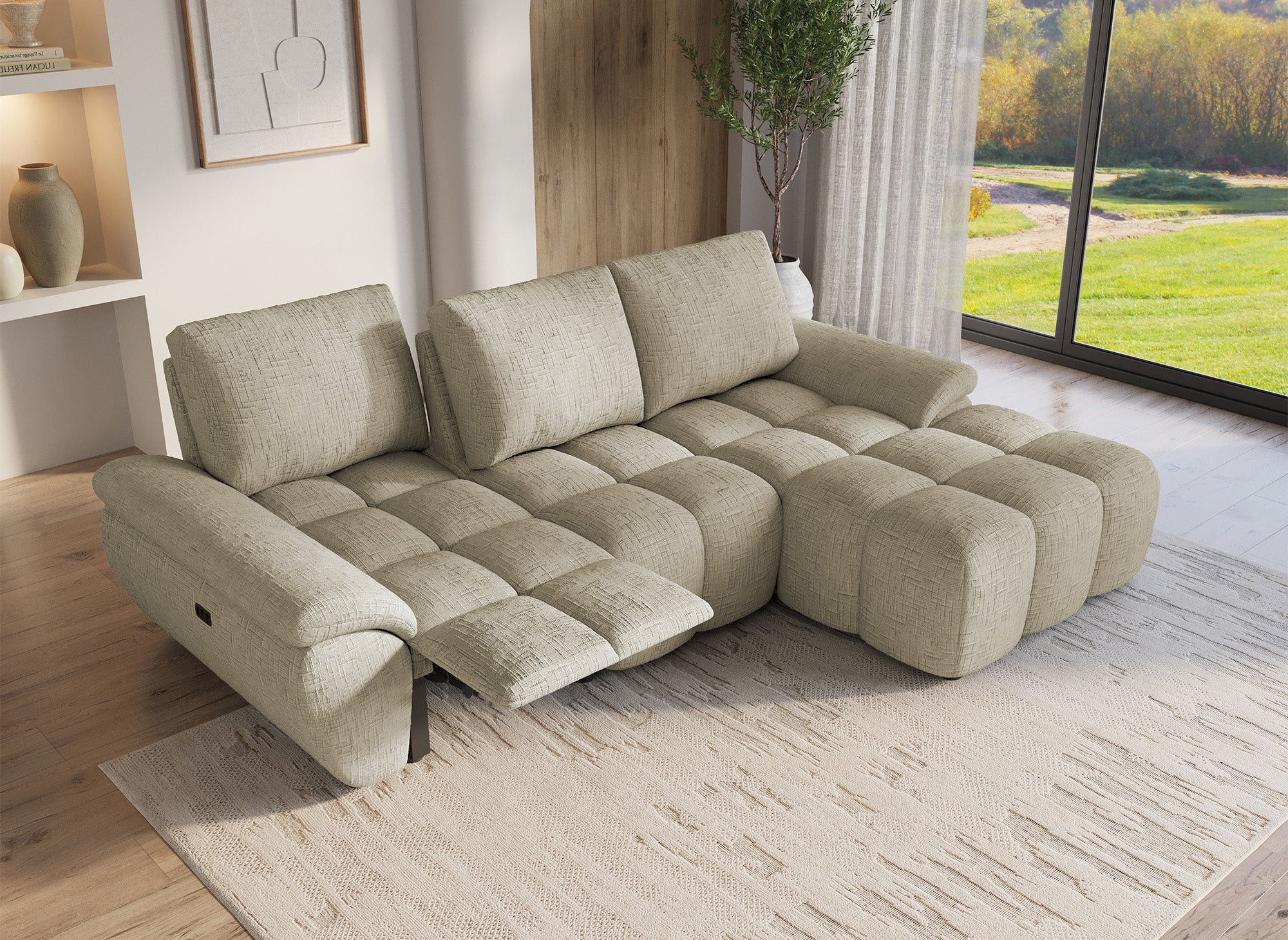 Sofá esquinero reclinable eléctrico ALPES en terciopelo jaspeado color topo - Esquina derecha