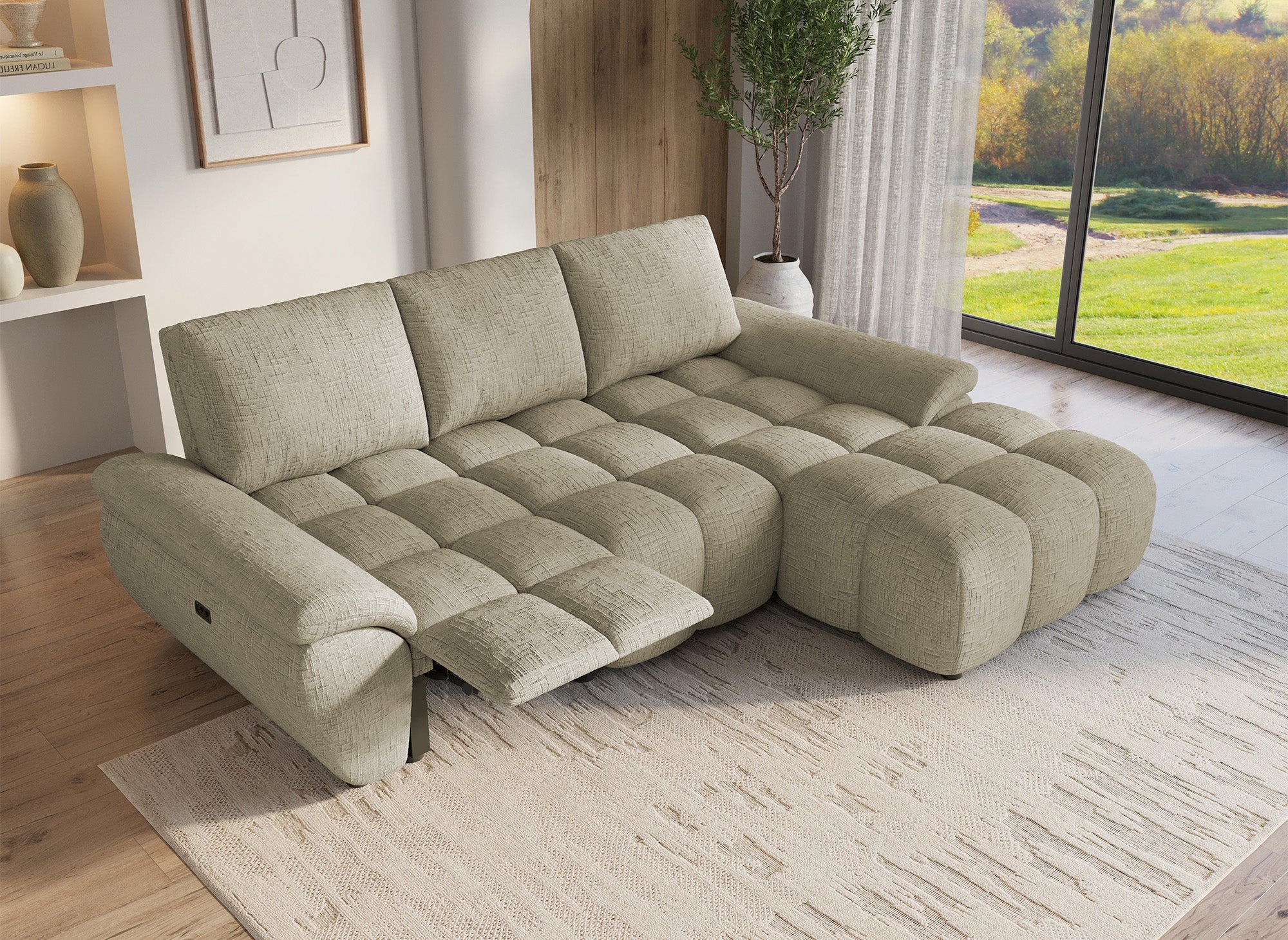 Sofá esquinero reclinable eléctrico ALPES en terciopelo jaspeado color topo - Esquina derecha