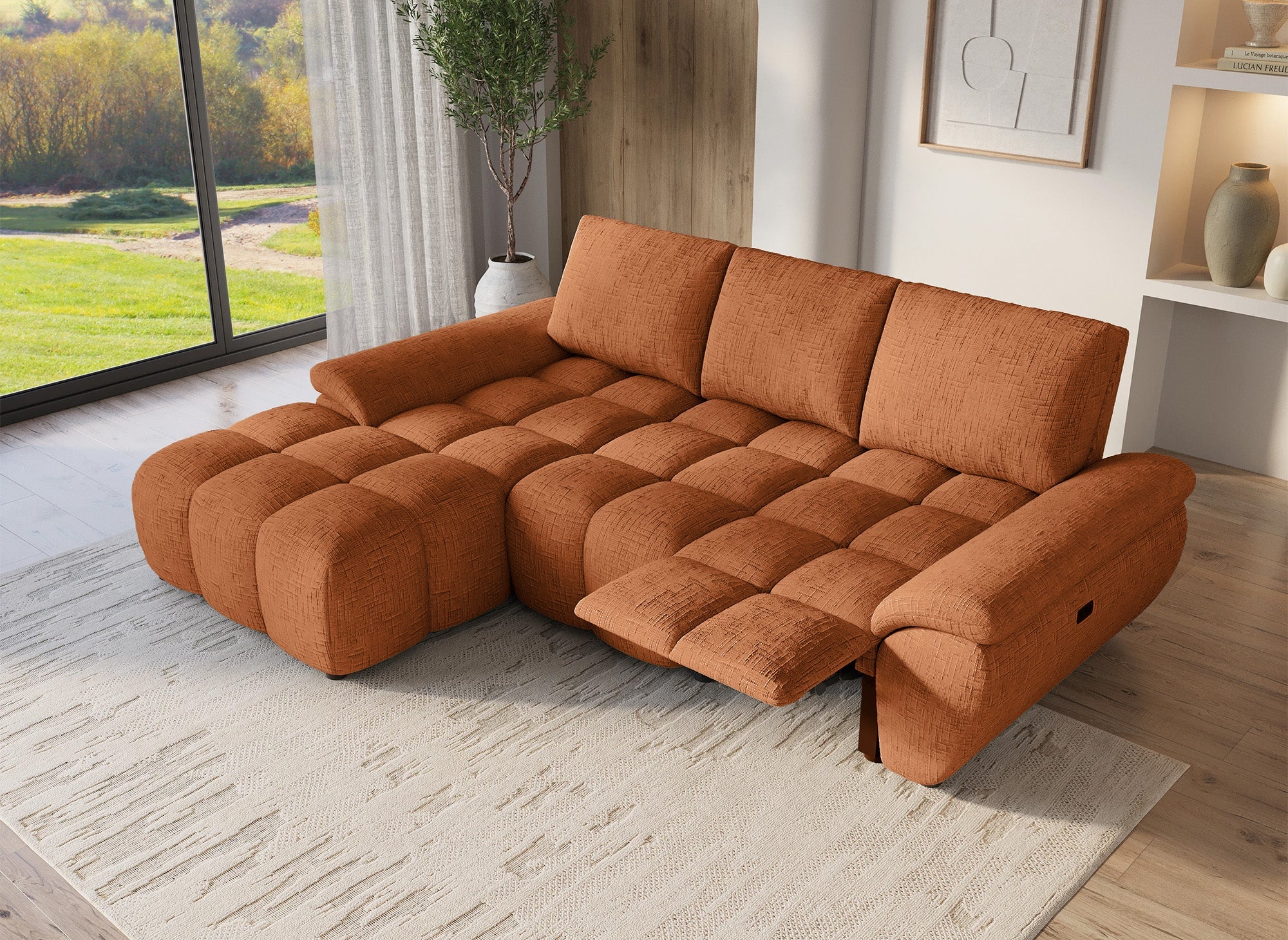 Sofá esquinero reclinable eléctrico ALPES en terciopelo terracota jaspeado - Esquina izquierda