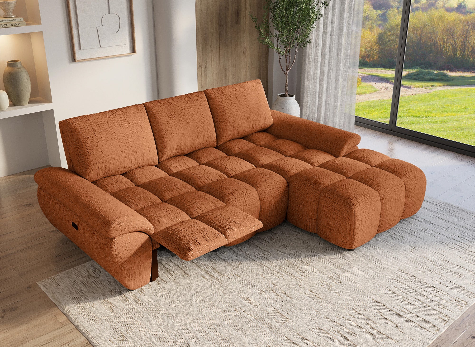 Sofá esquinero reclinable eléctrico ALPES en terciopelo jaspeado terracota - Esquina derecha