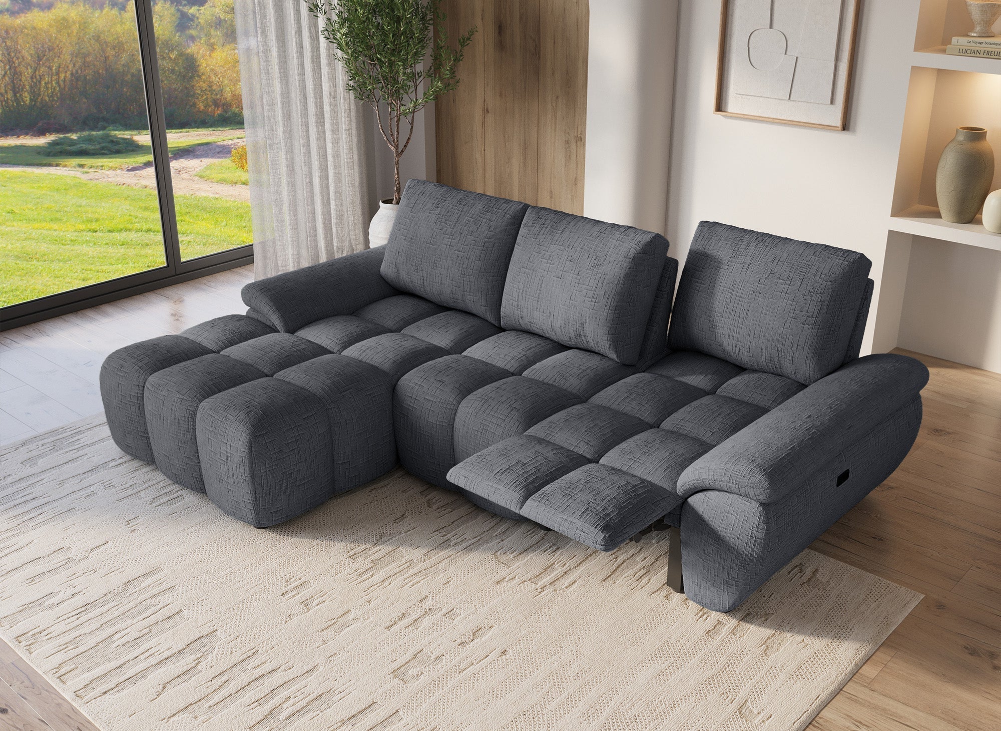 Sofá esquinero reclinable eléctrico ALPES en terciopelo gris jaspeado - Esquina izquierda