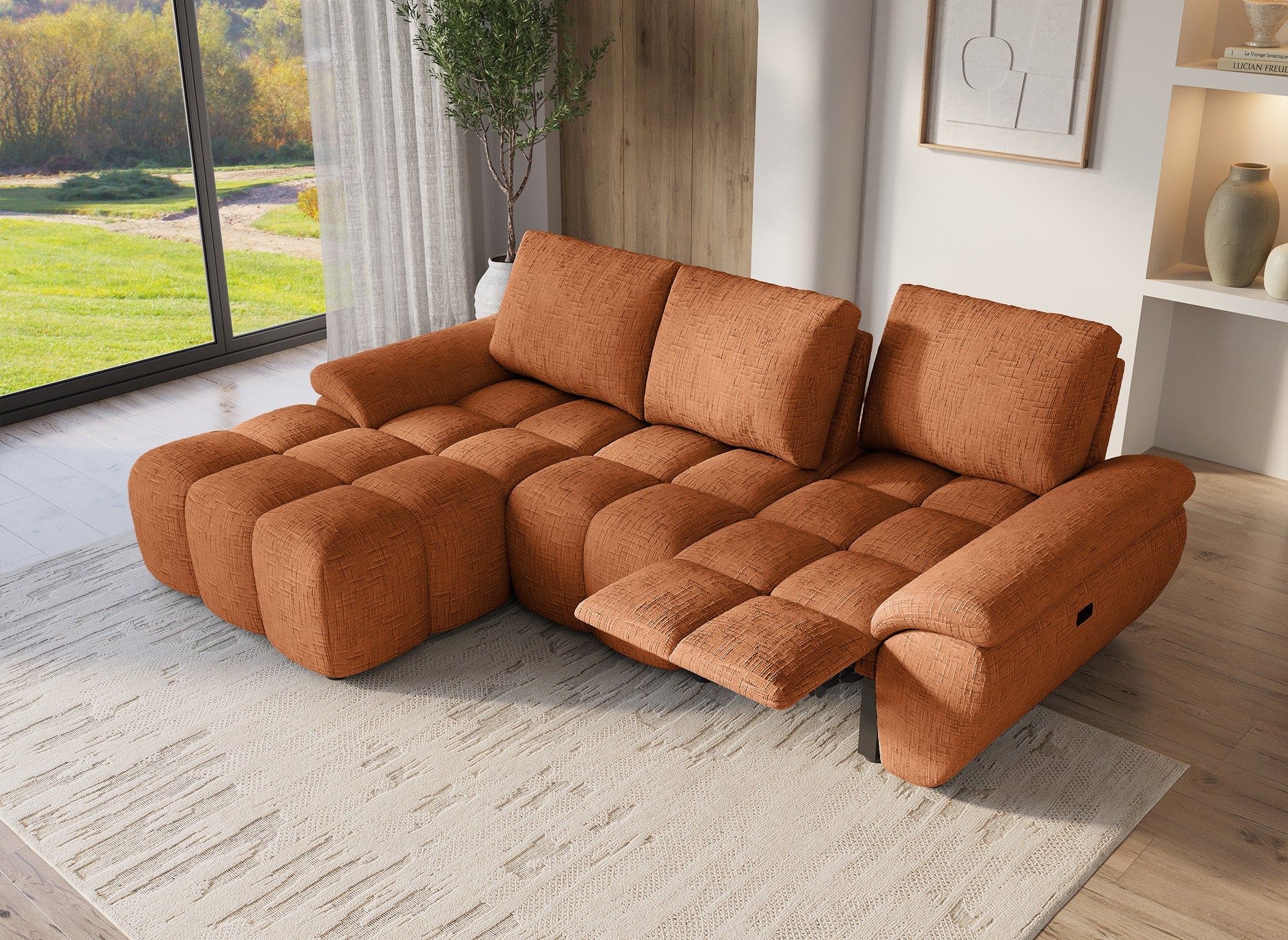 Sofá esquinero reclinable eléctrico ALPES en terciopelo terracota jaspeado - Esquina izquierda