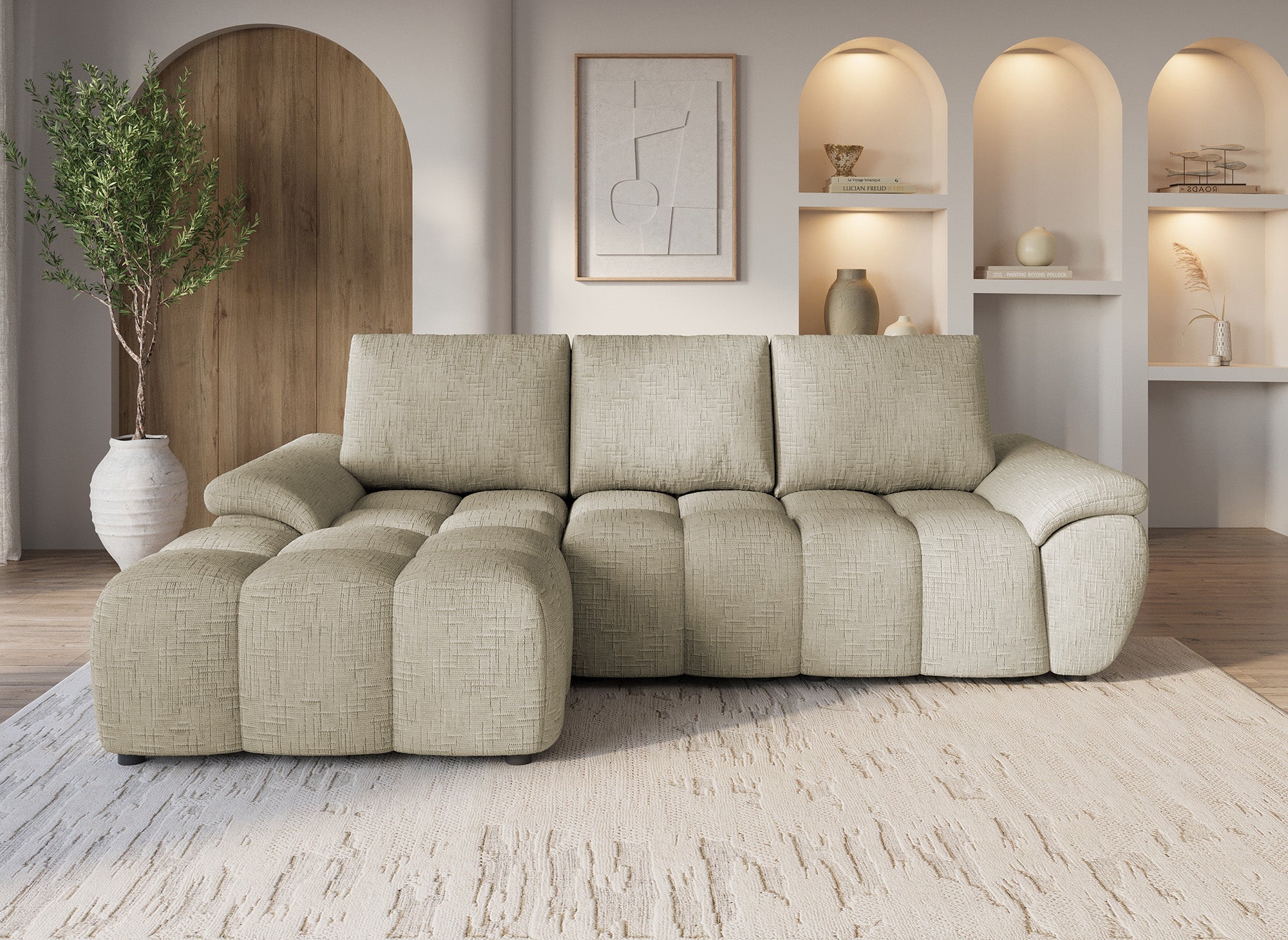 Sofá esquinero reclinable eléctrico ALPES en terciopelo jaspeado color topo - Esquina izquierda