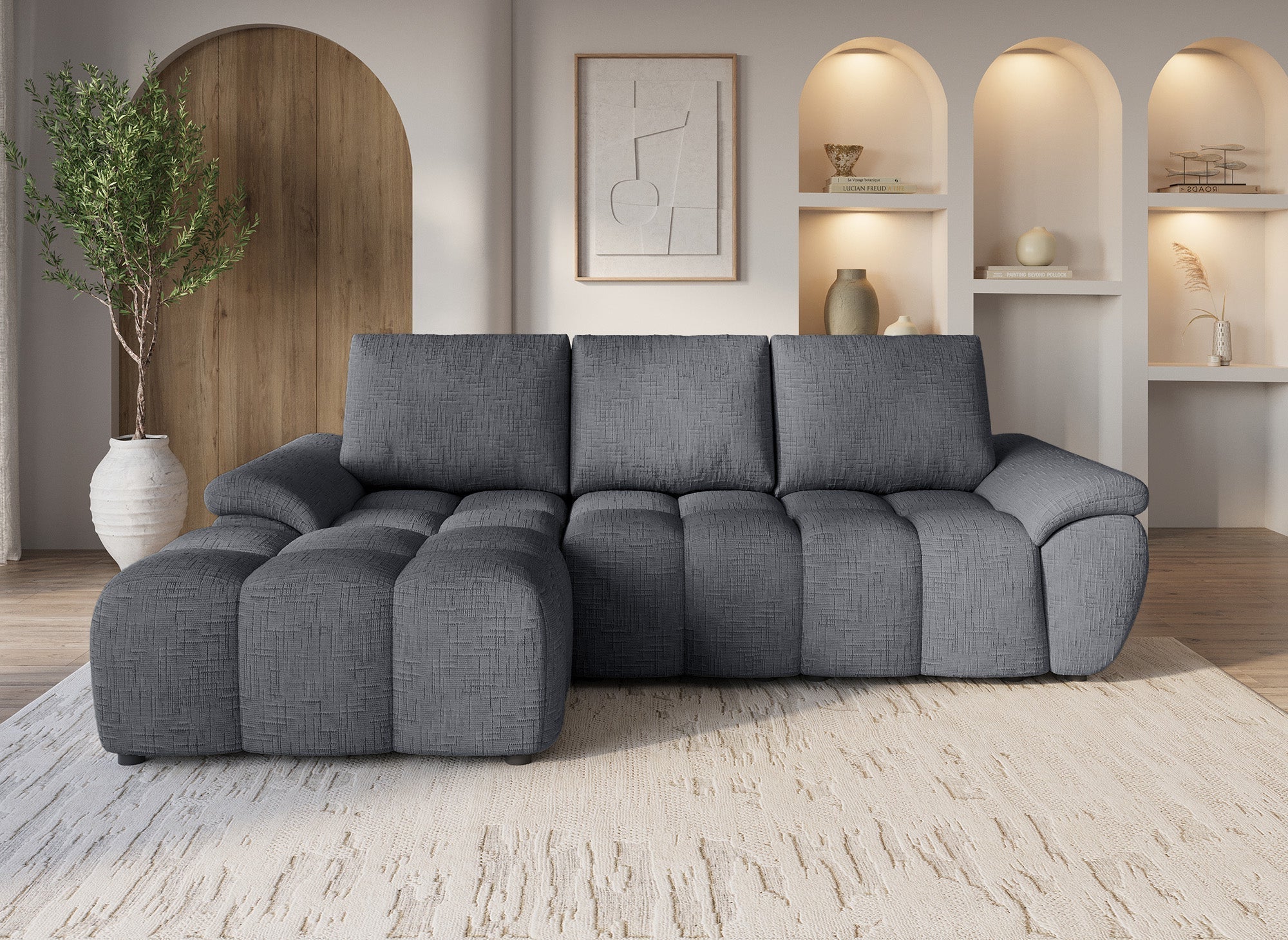 Sofá esquinero reclinable eléctrico ALPES en terciopelo gris jaspeado - Esquina izquierda